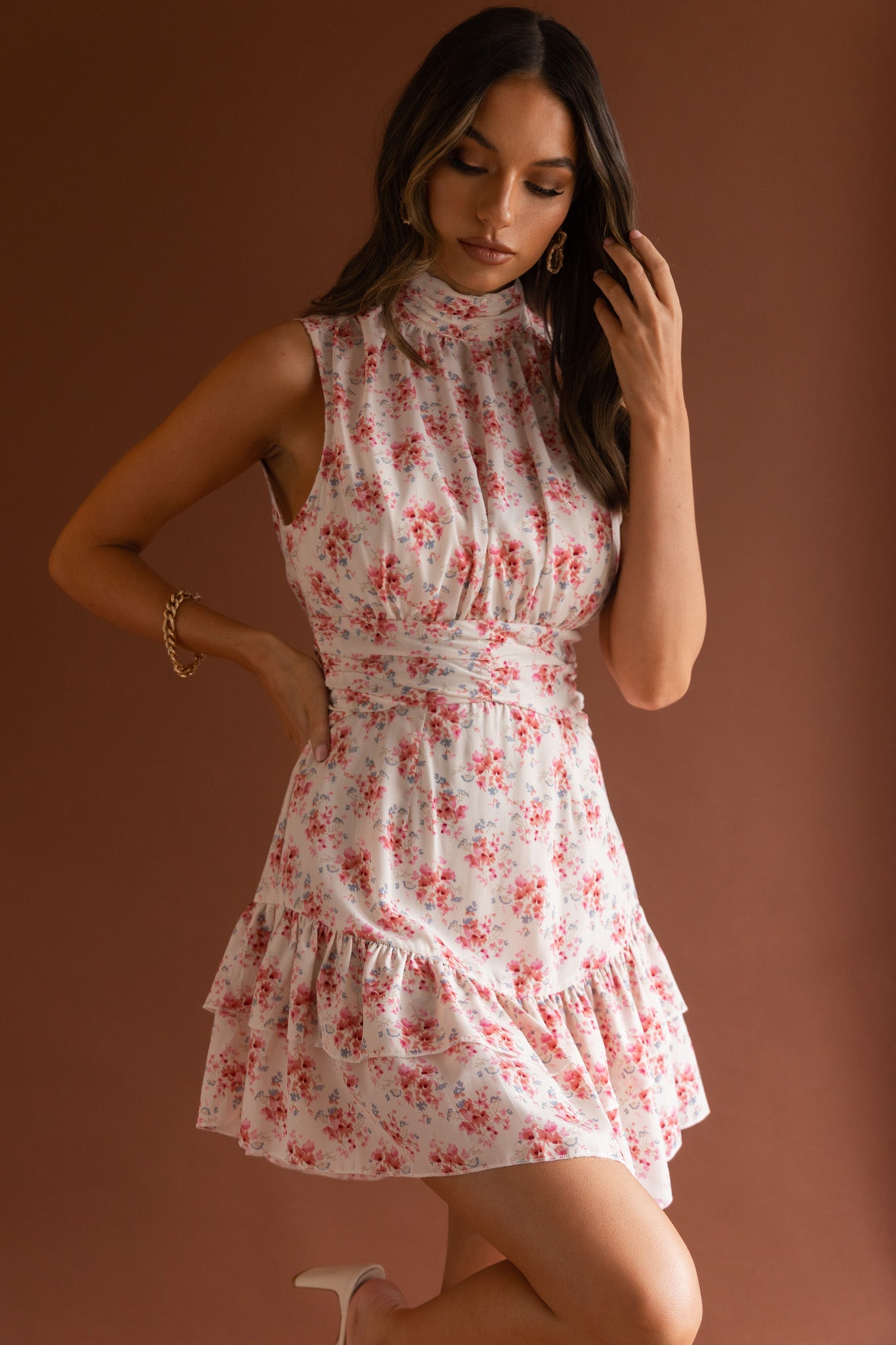 Mandalay High Neck Sleeveless Waistband Dress Vintage Floral Pink by Selfie Leslie