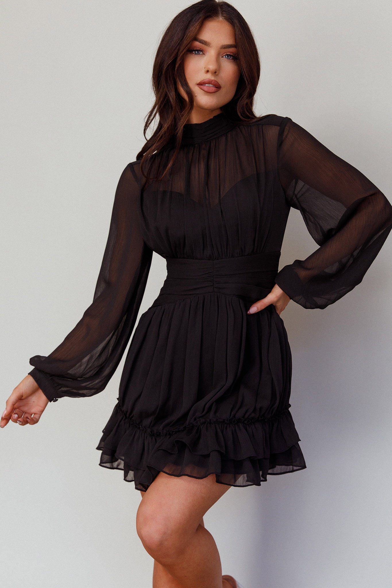 Shop the Mandalay High Neck Long Sleeve Waistband Dress Black