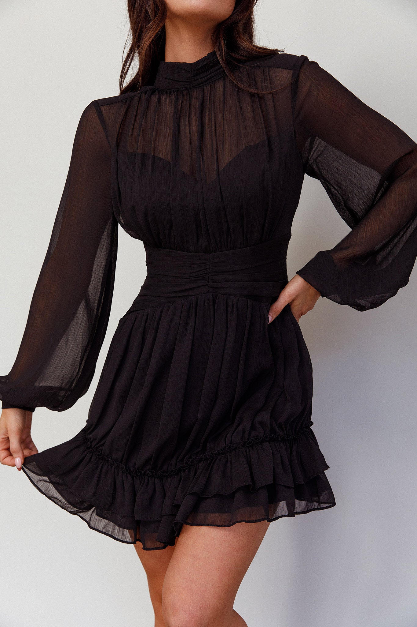 Mandalay High Neck Long Sleeve Waistband Dress Black by Selfie Leslie