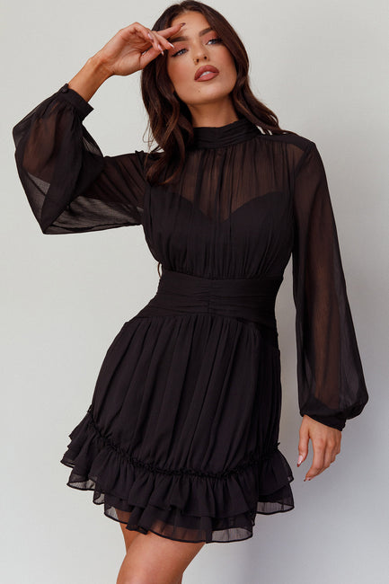 Mandalay High Neck Long Sleeve Waistband Dress Wine