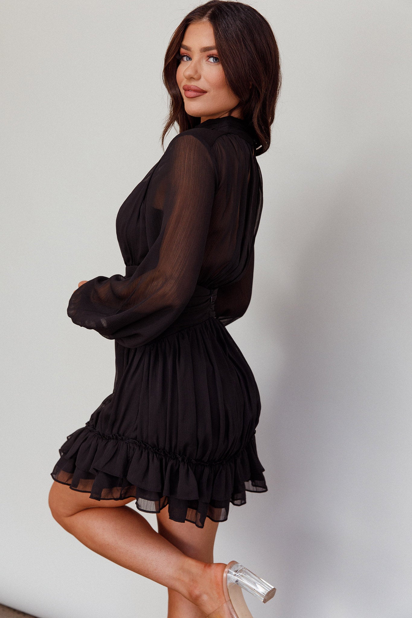 Mandalay High Neck Long Sleeve Waistband Dress Black by Selfie Leslie