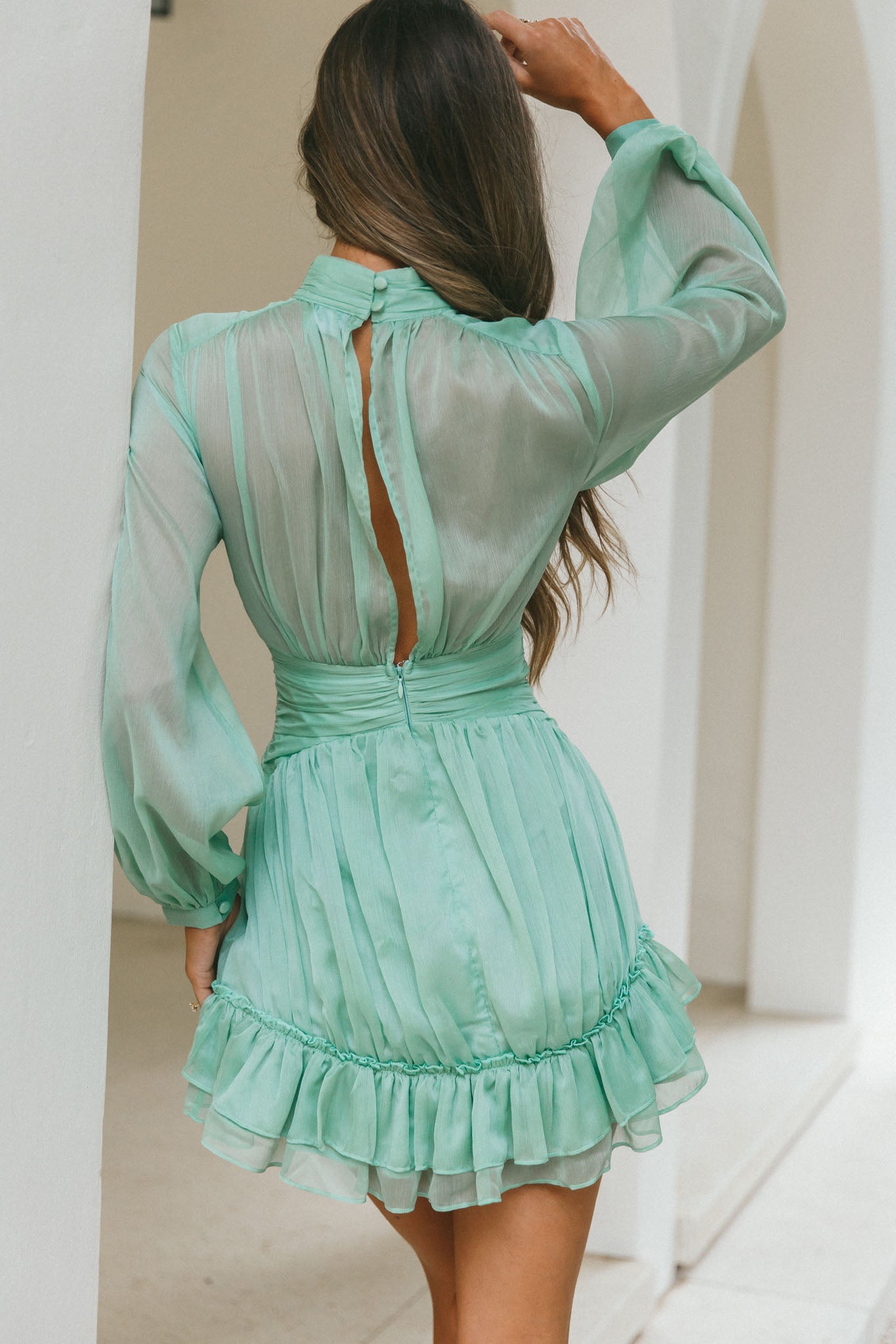 mandalay dresses Mandalay High Neck Long Sleeve Waistband Dress Sage