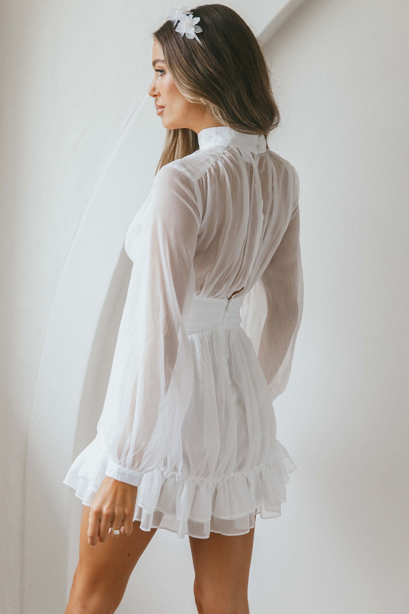 Mandalay High Neck Long Sleeve Waistband Dress White - S Mandalay High Neck Long Sleeve Waistband Dress White - S