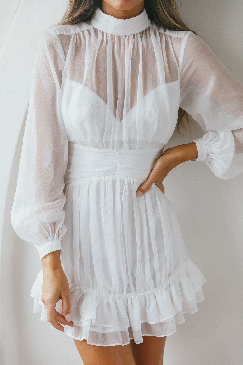 Mandalay High Neck Long Sleeve Waistband Dress White by Selfie Leslie