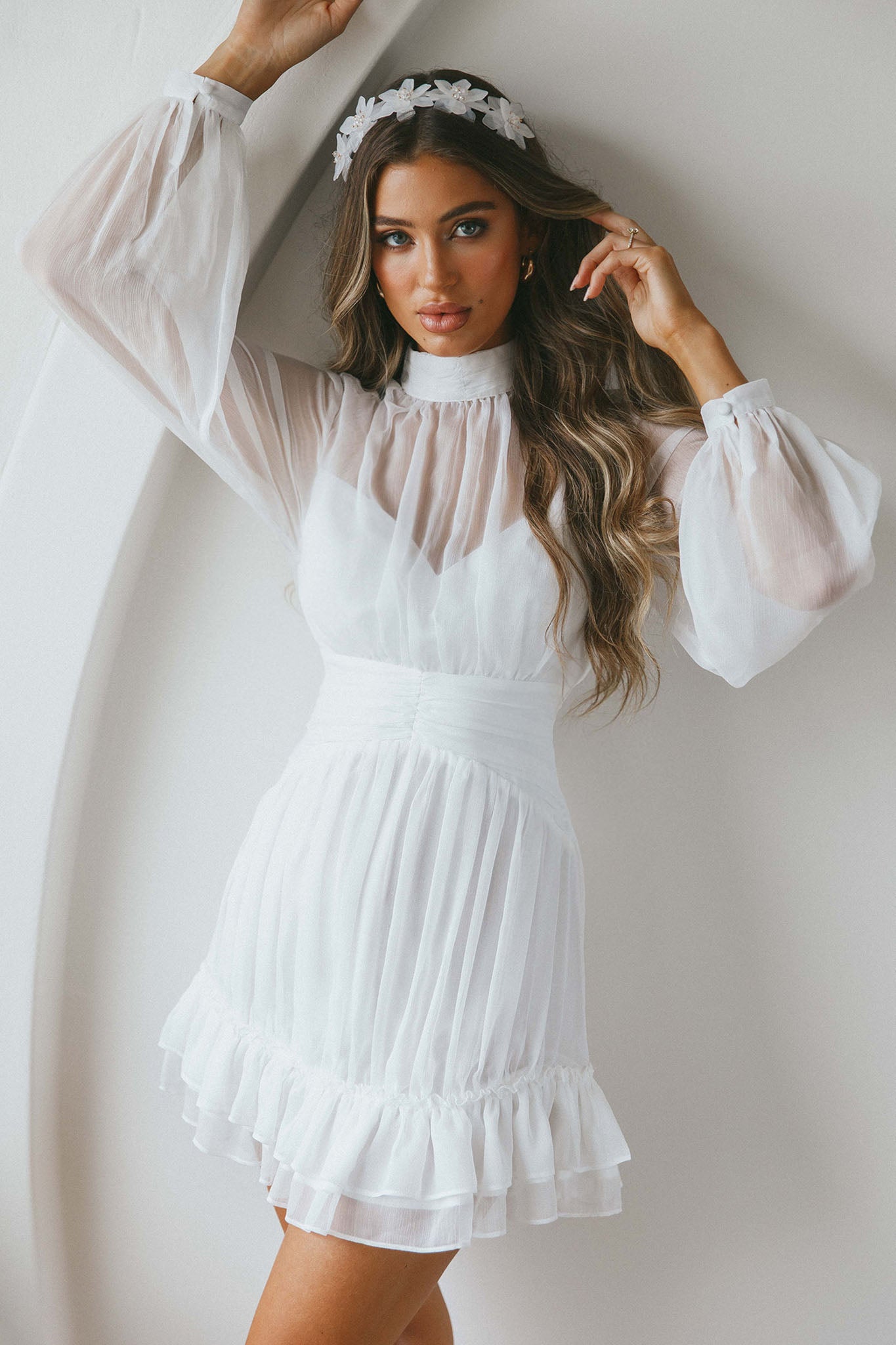 Mandalay High Neck Long Sleeve Waistband Dress White by Selfie Leslie