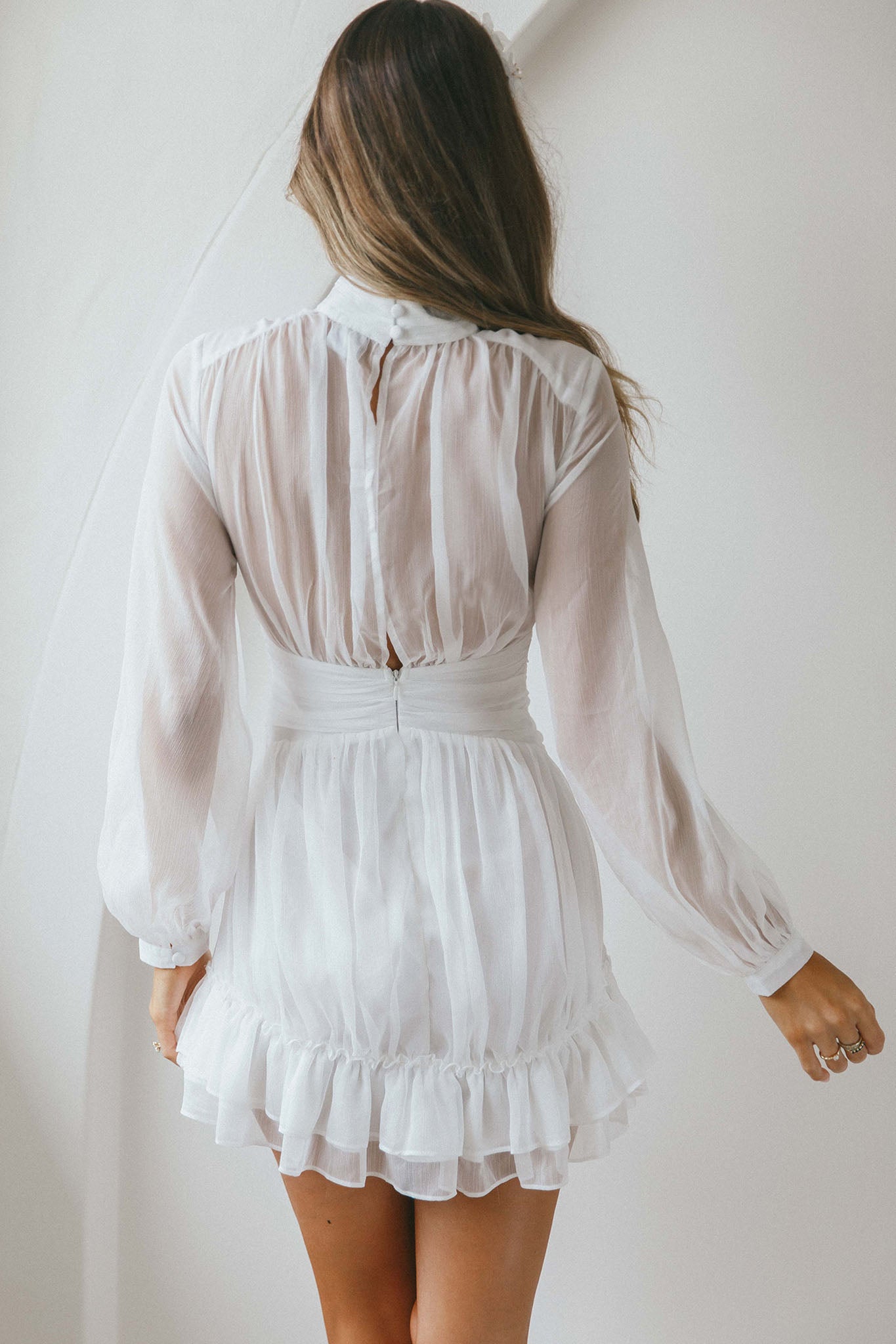 Mandalay High Neck Long Sleeve Waistband Dress White by Selfie Leslie