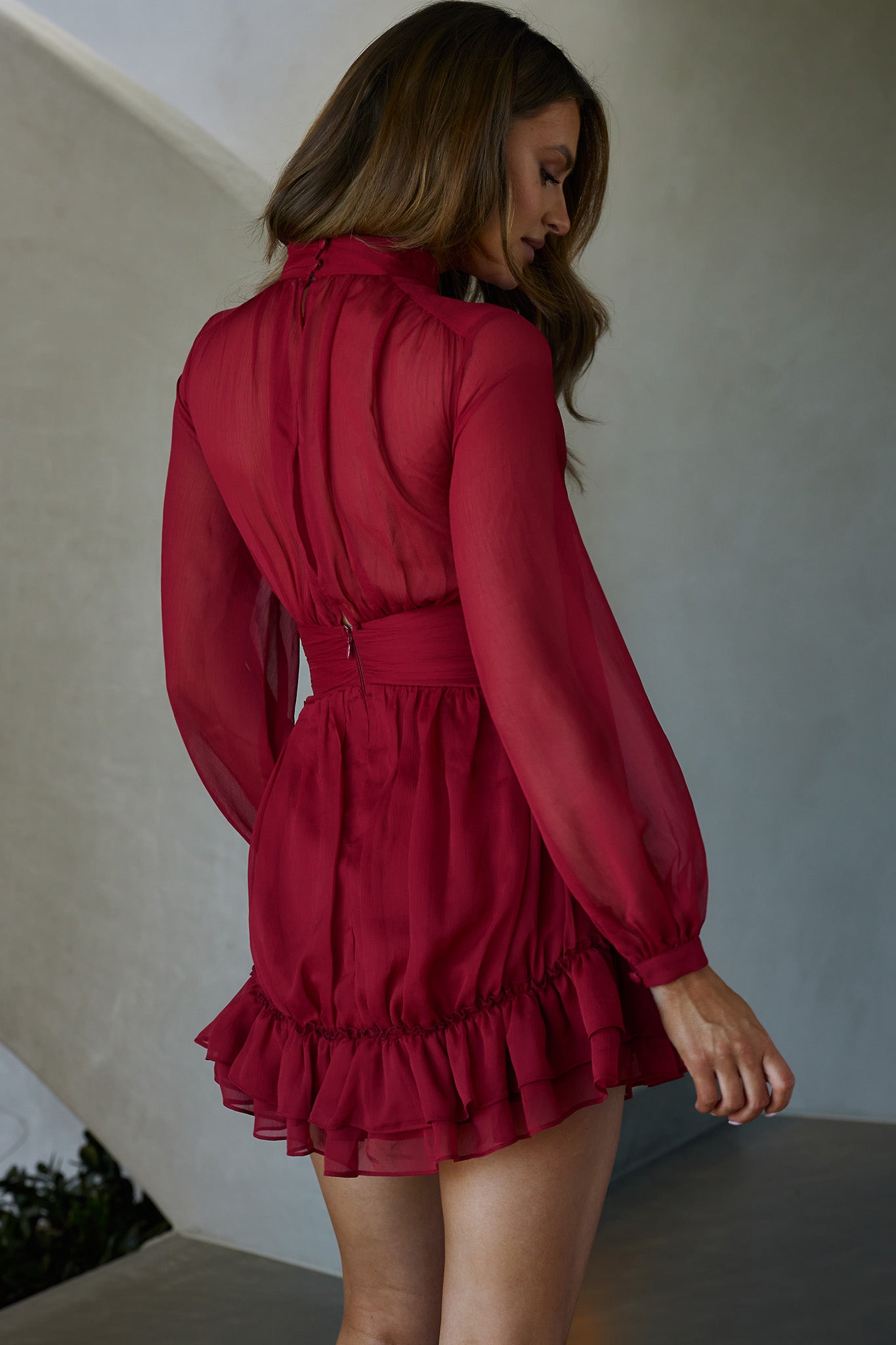 Mandalay High Neck Long Sleeve Waistband Dress Wine by Selfie Leslie