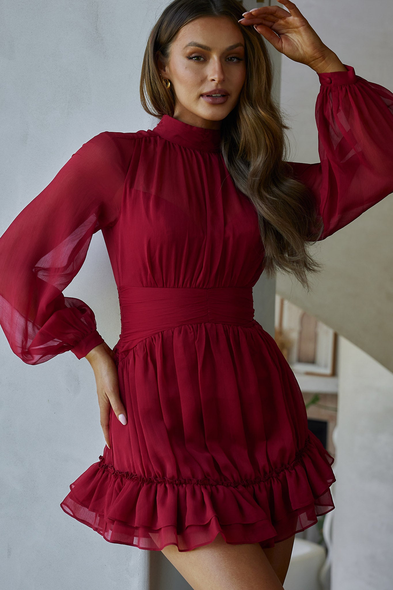 Mandalay High Neck Long Sleeve Waistband Dress Wine by Selfie Leslie