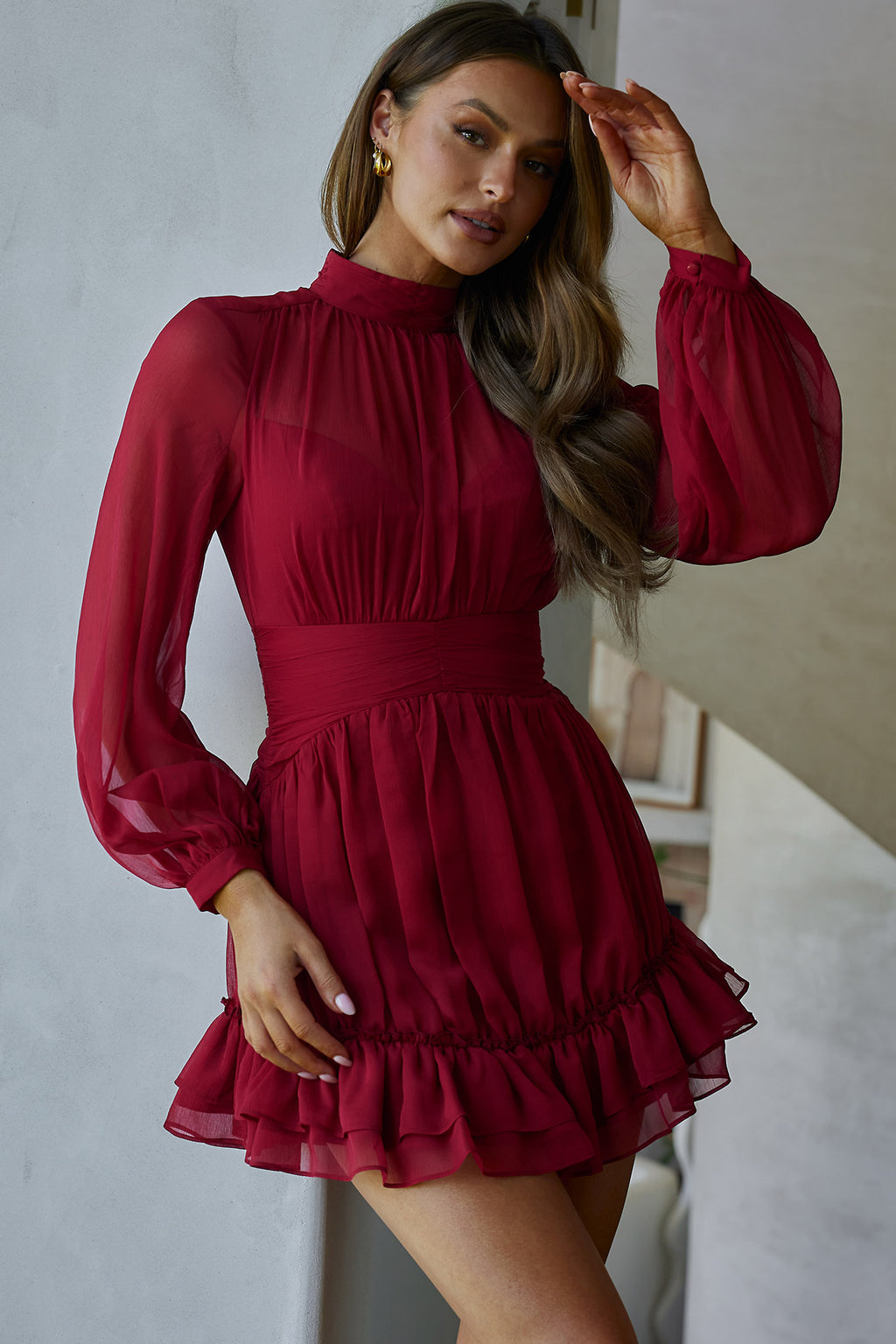 Mandalay High Neck Long Sleeve Waistband Dress Wine by Selfie Leslie