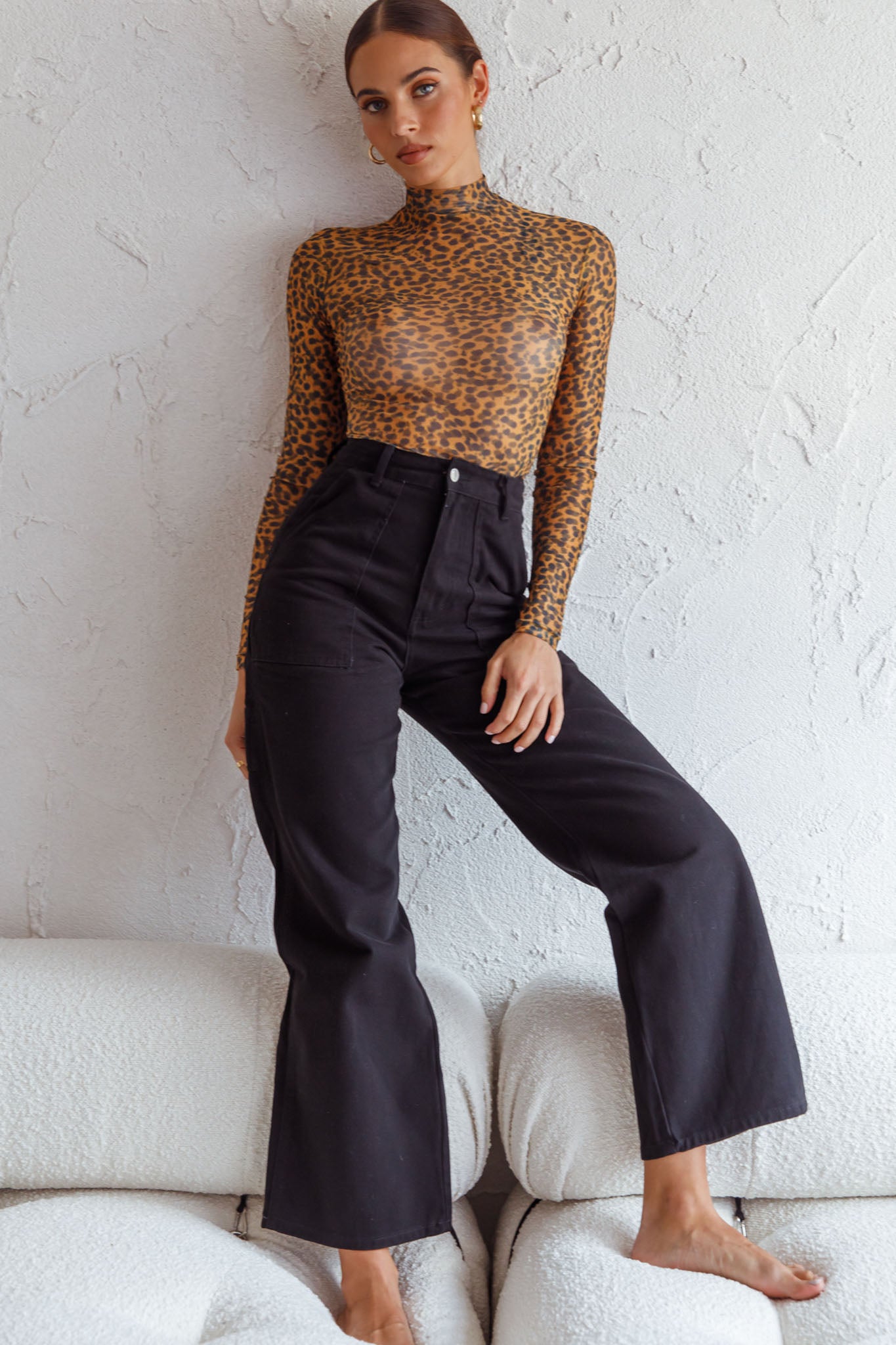 Feelin' It Long Sleeve Turtleneck Sheer Bodysuit Orange Leopard Print by Selfie Leslie
