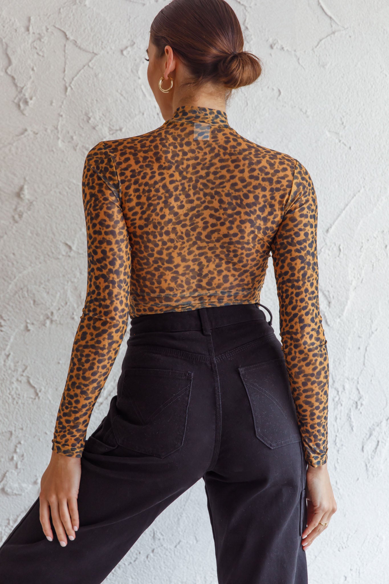 Feelin' It Long Sleeve Turtleneck Sheer Bodysuit Orange Leopard Print by Selfie Leslie