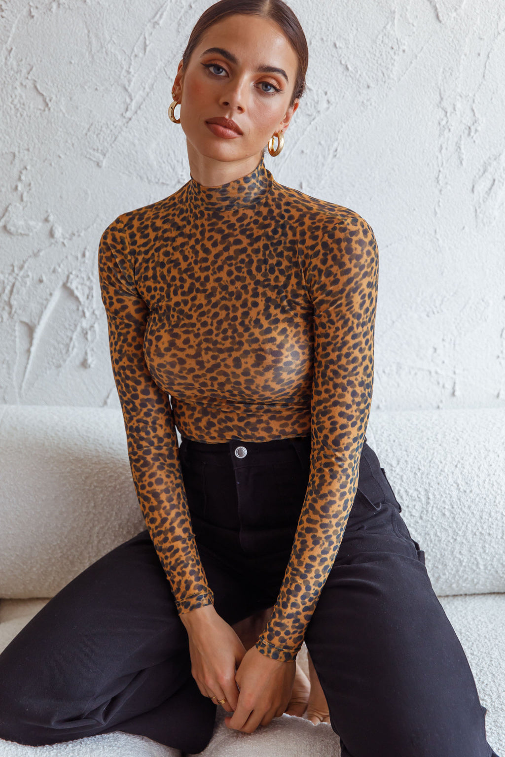 Feelin' It Long Sleeve Turtleneck Sheer Bodysuit Orange Leopard Print by Selfie Leslie