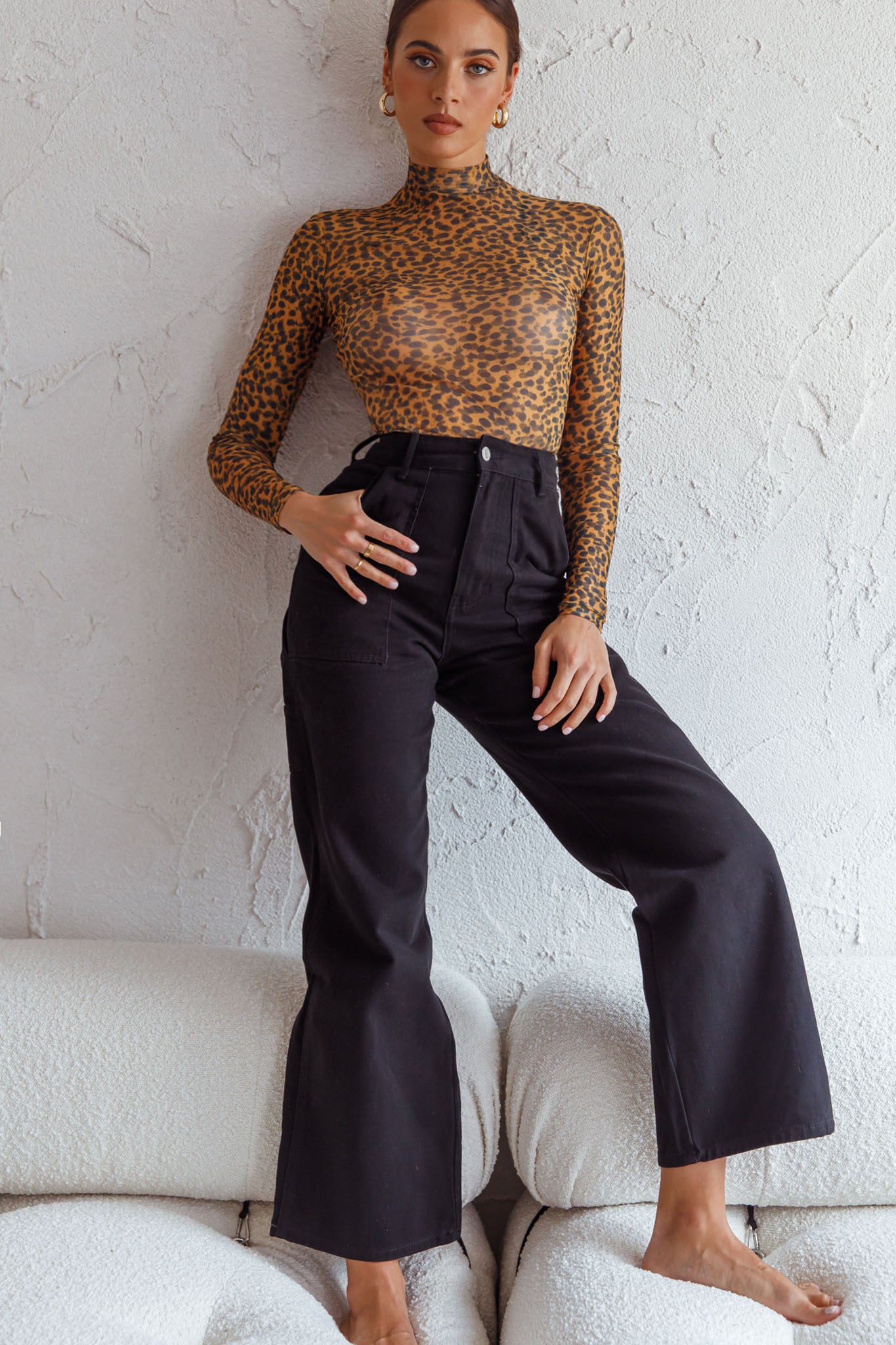 Feelin' It Long Sleeve Turtleneck Sheer Bodysuit Orange Leopard Print by Selfie Leslie