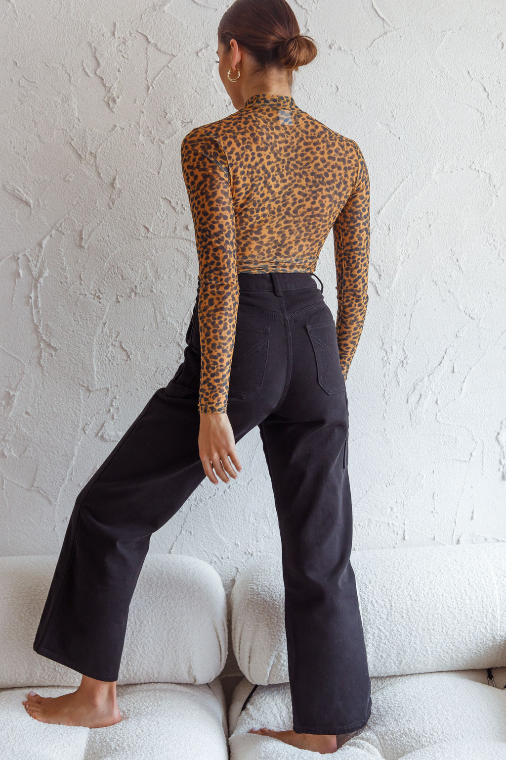 Feelin' It Long Sleeve Turtleneck Sheer Bodysuit Orange Leopard Print by Selfie Leslie