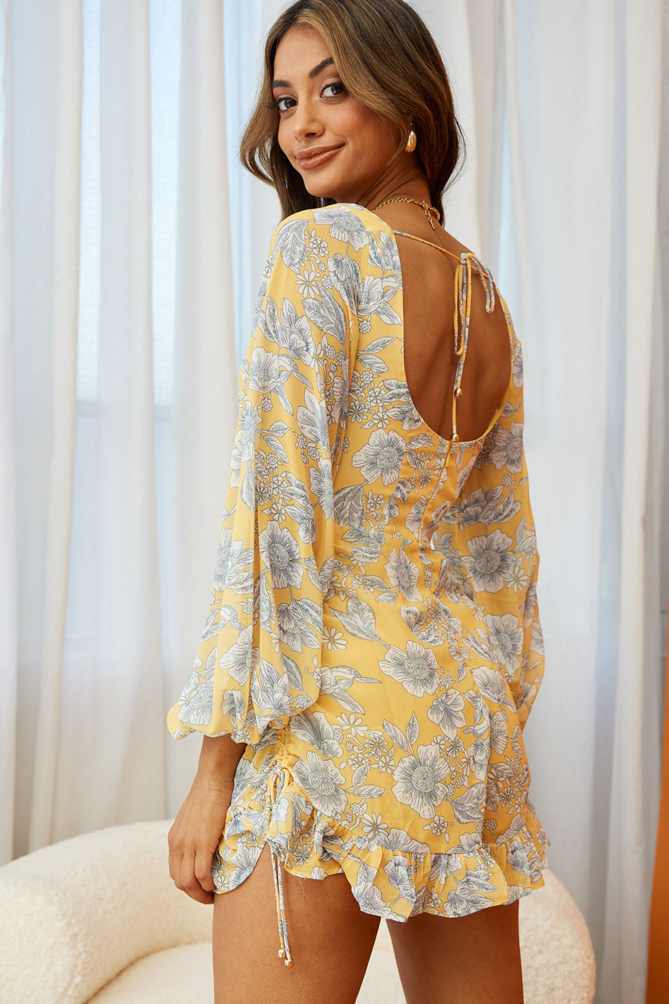 New Romance Long Sleeve Ruched Side Romper Floral Print Yellow New Romance Long Sleeve Ruched Side Romper Floral Print Yellow