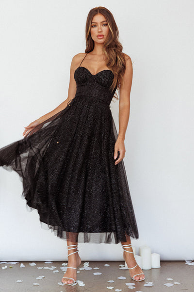 Smitten Sweetheart Neckline Chiffon Midi Dress Black Sparkle– Selfie Leslie