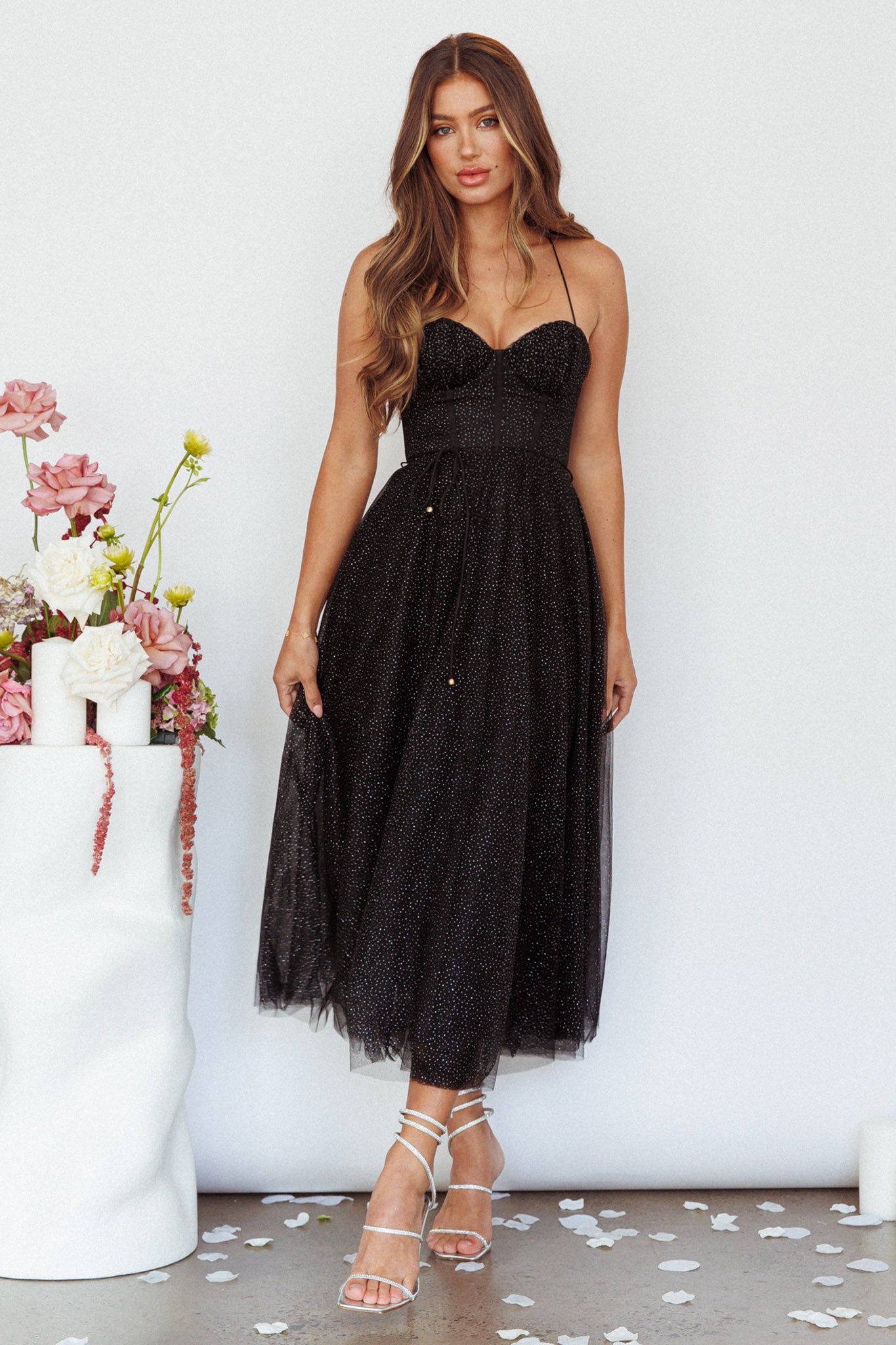 Smitten Sweetheart Neckline Chiffon Midi Dress Black Sparkle by Selfie Leslie