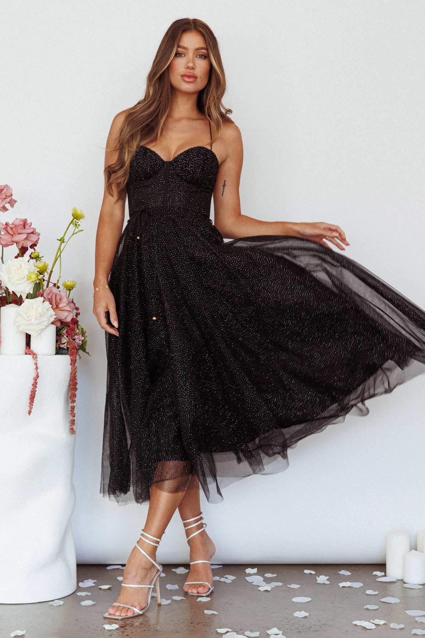 Smitten Sweetheart Neckline Chiffon Midi Dress Black Sparkle by Selfie Leslie