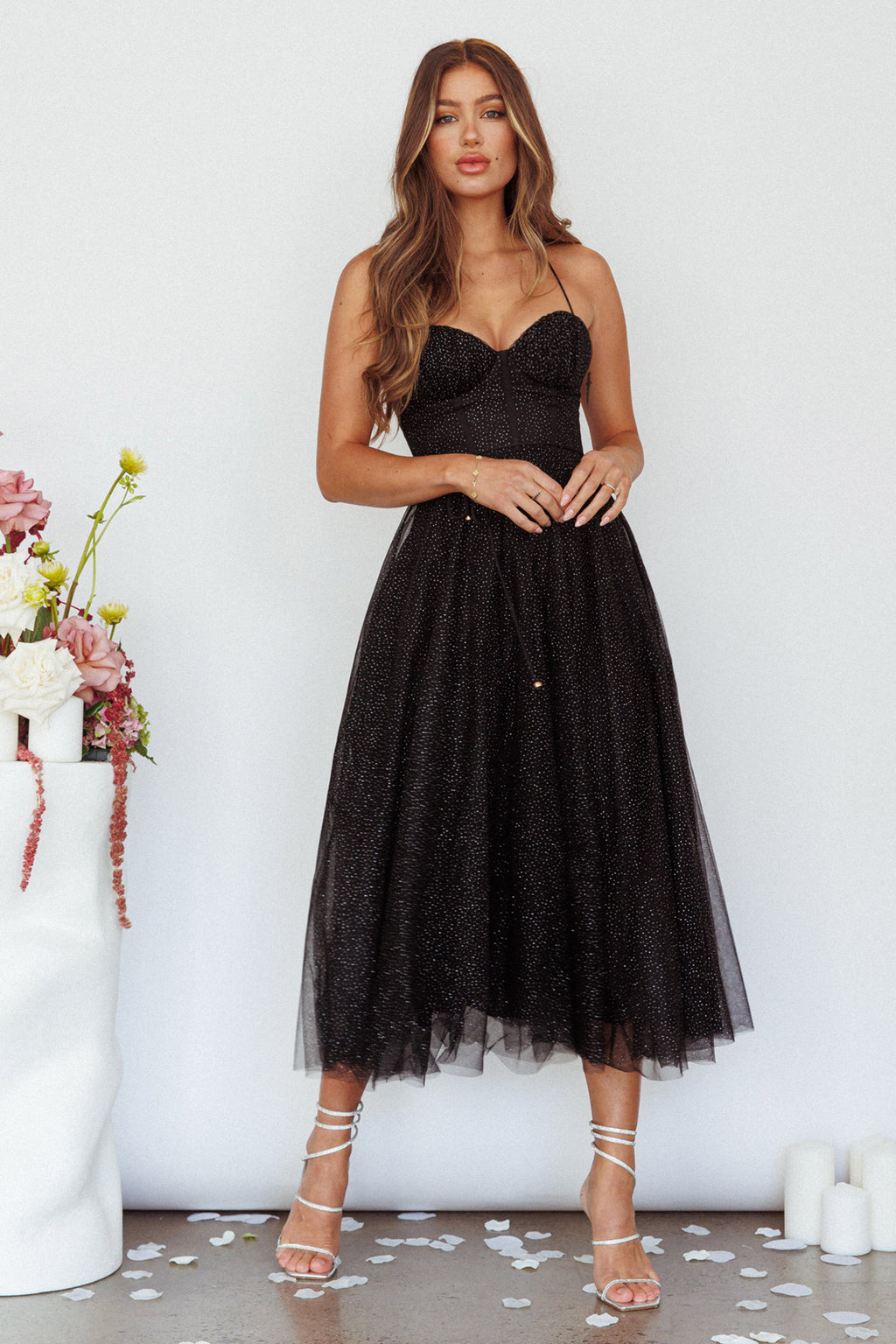 Smitten Sweetheart Neckline Chiffon Midi Dress Black Sparkle by Selfie Leslie