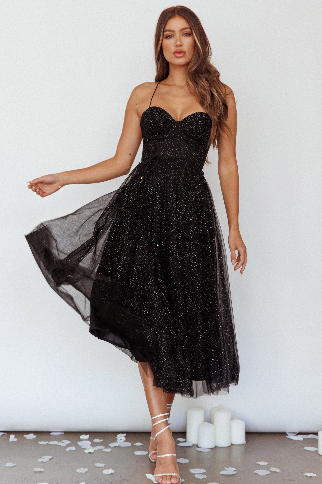 Smitten Sweetheart Neckline Chiffon Midi Dress Black Sparkle by Selfie Leslie