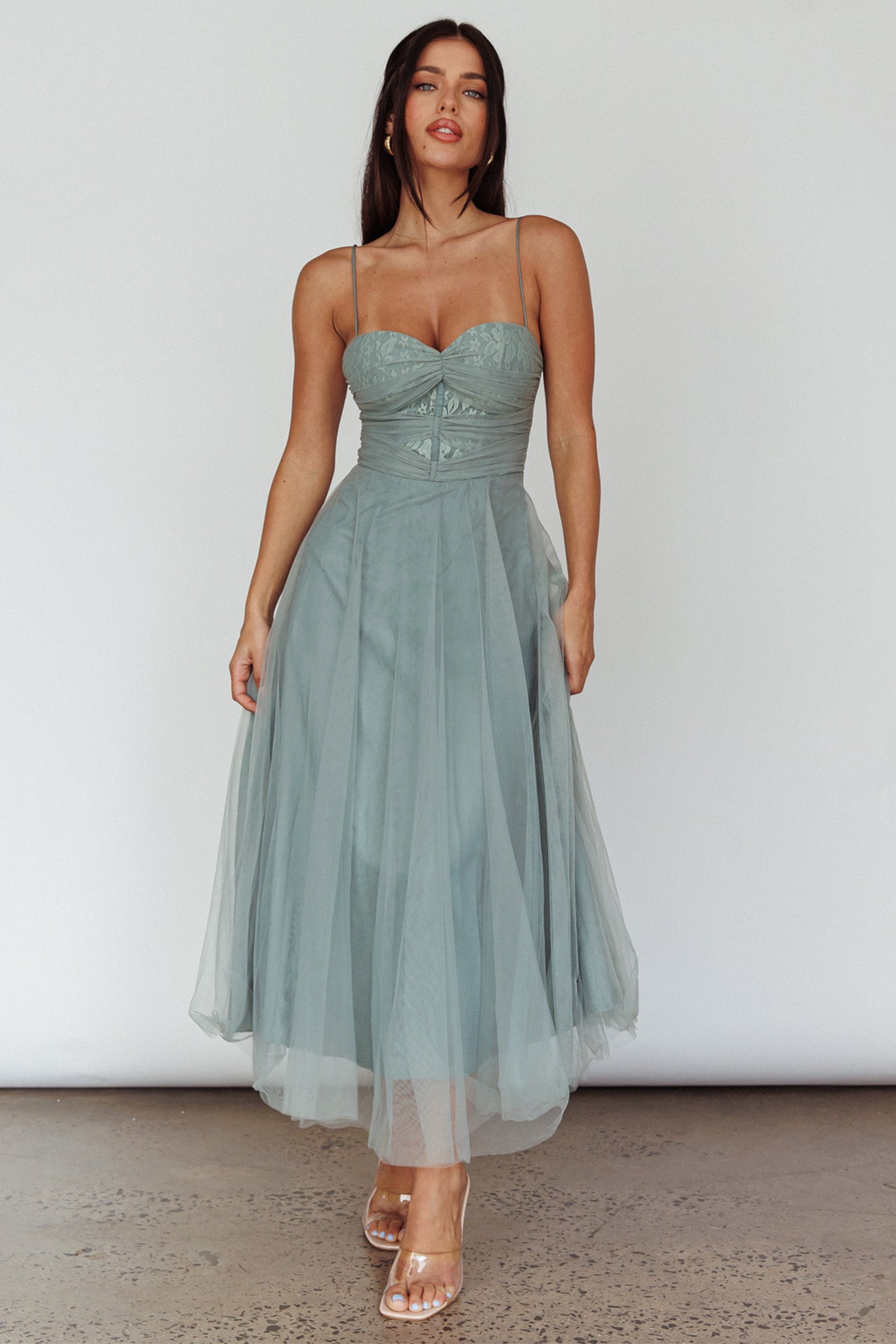 Smitten Lace Insert Tulle Midi Dress Sage Smitten Lace Insert Tulle Midi Dress Sage
