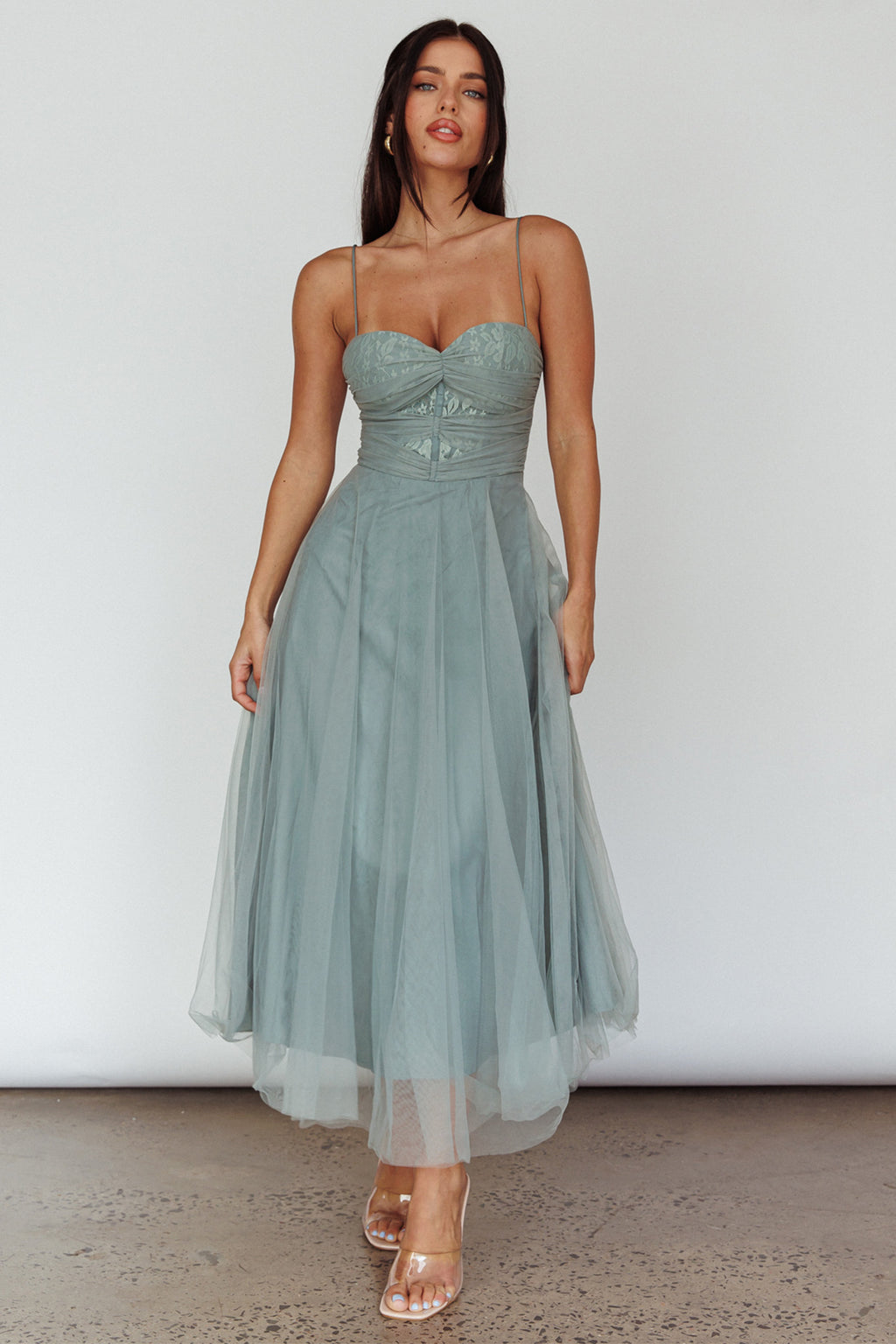 Smitten Lace Insert Tulle Midi Dress Sage by Selfie Leslie