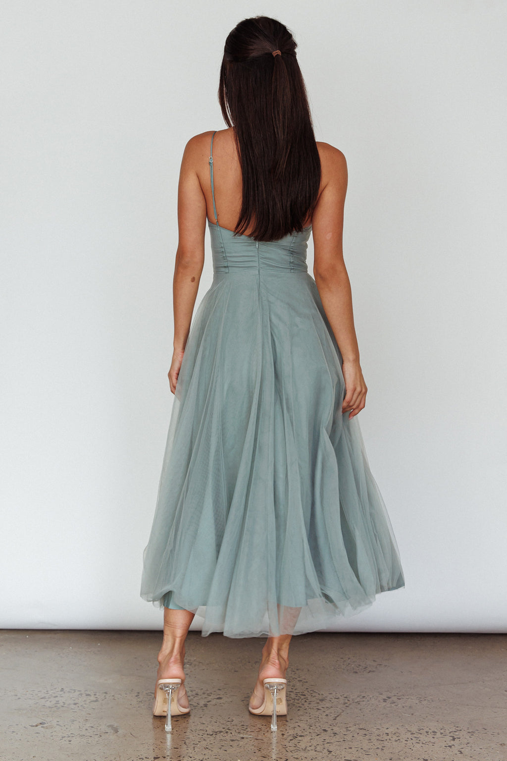 Smitten Lace Insert Tulle Midi Dress Sage by Selfie Leslie