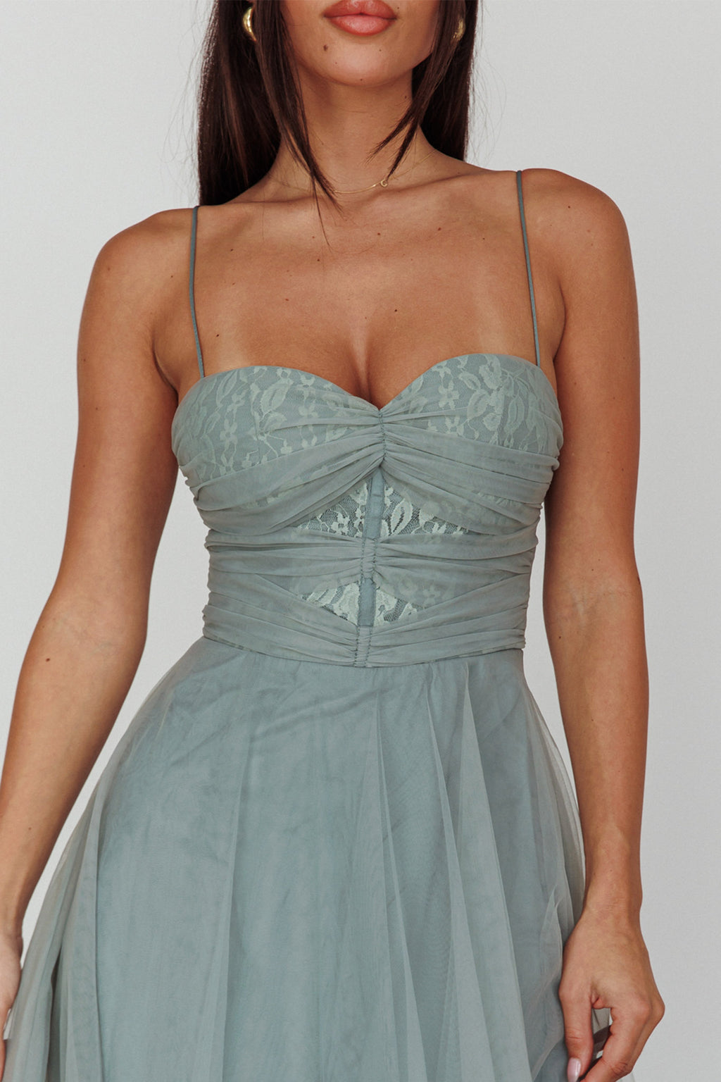 Smitten Lace Insert Tulle Midi Dress Sage by Selfie Leslie