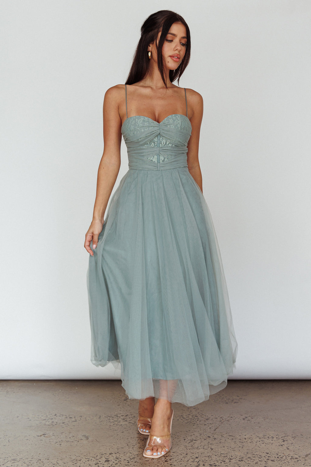 Smitten Lace Insert Tulle Midi Dress Sage by Selfie Leslie