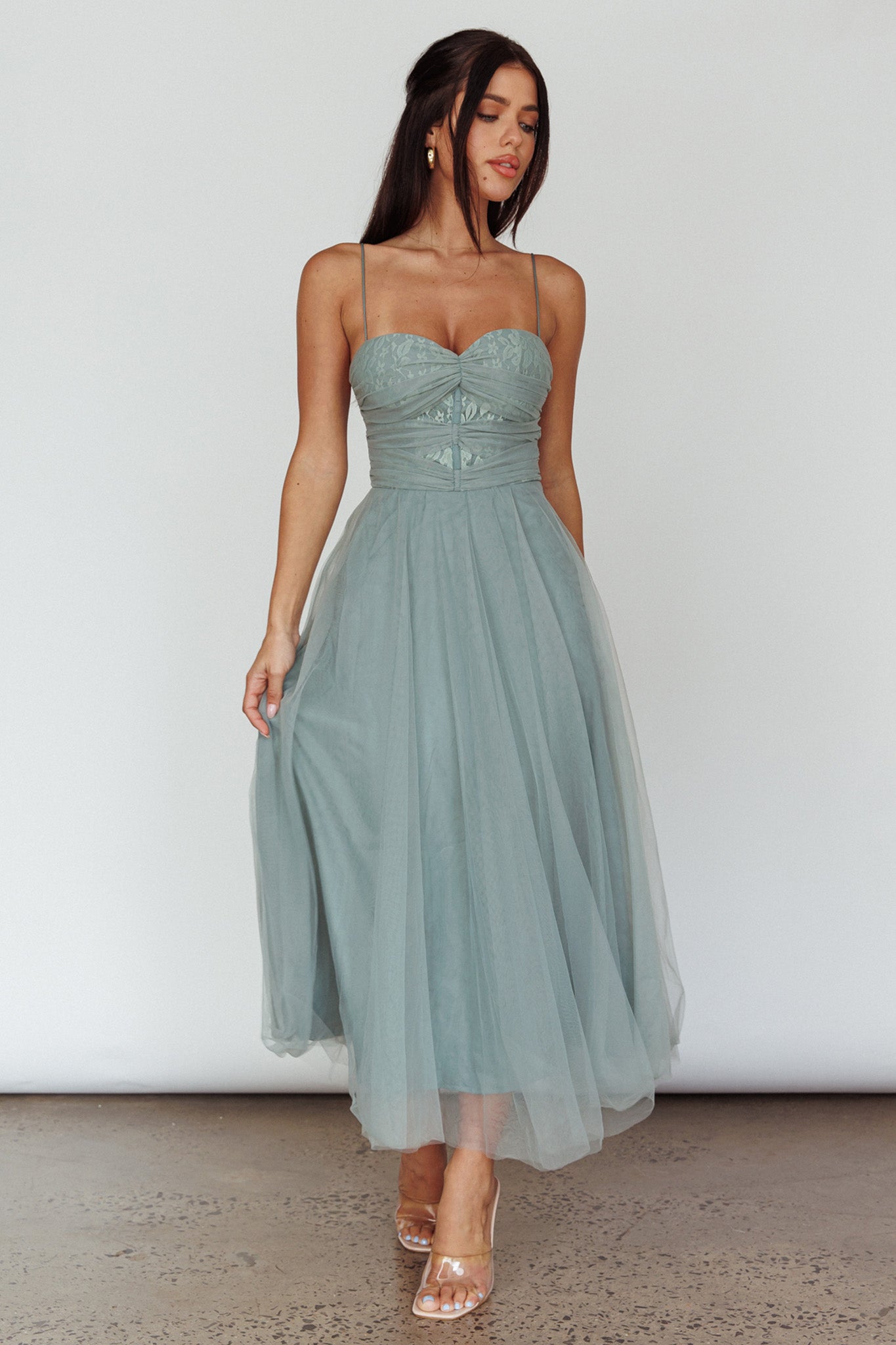 Smitten Lace Insert Tulle Midi Dress Sage by Selfie Leslie