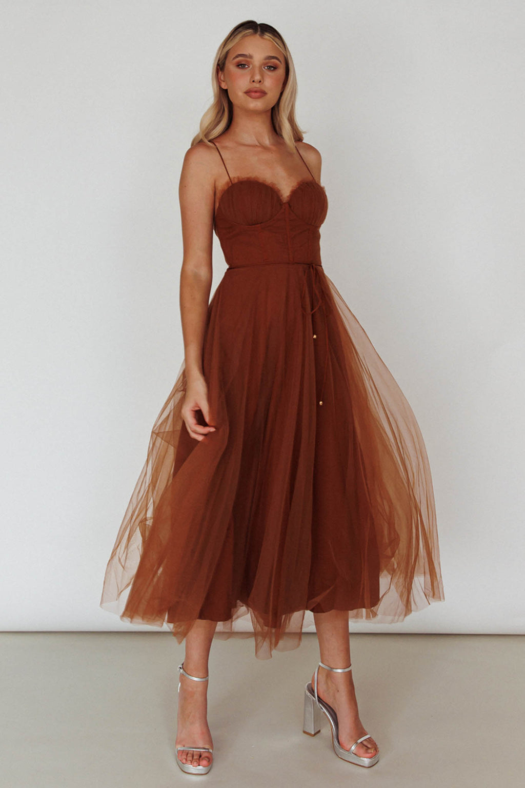 Smitten Sweetheart Neckline Chiffon Midi Dress Chocolate by Selfie Leslie