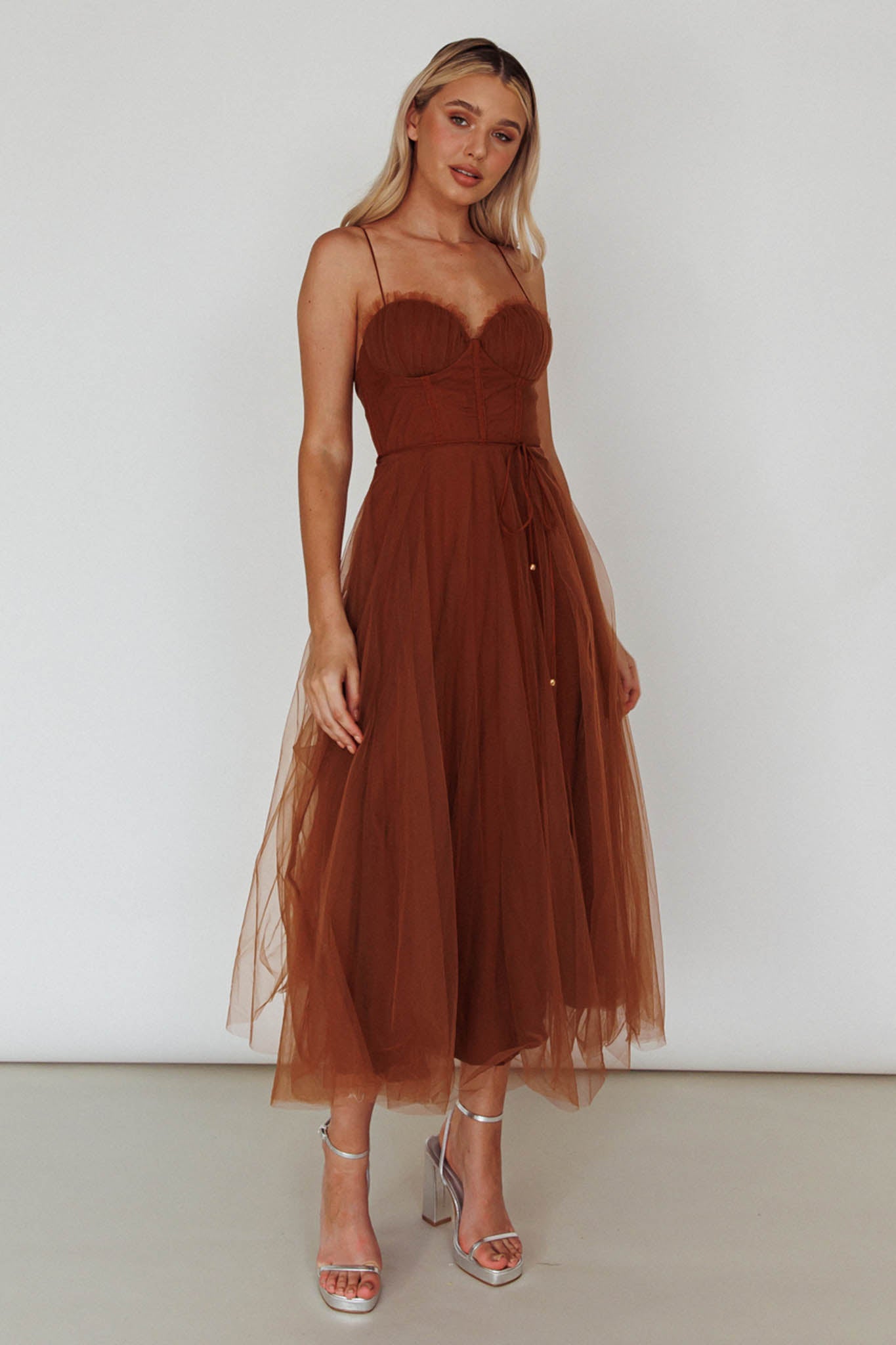 Smitten Sweetheart Neckline Chiffon Midi Dress Chocolate by Selfie Leslie