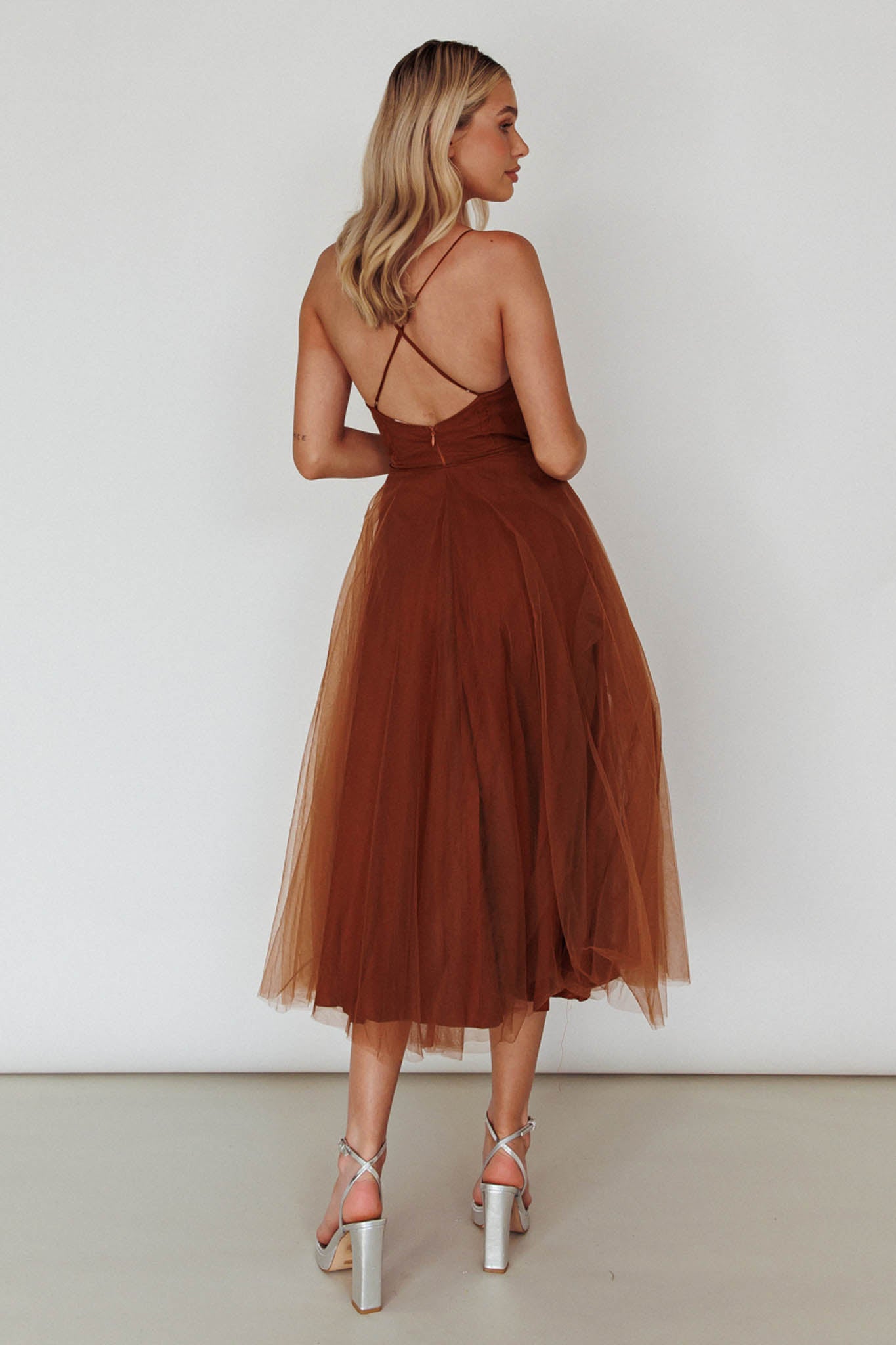 Smitten Sweetheart Neckline Chiffon Midi Dress Chocolate by Selfie Leslie