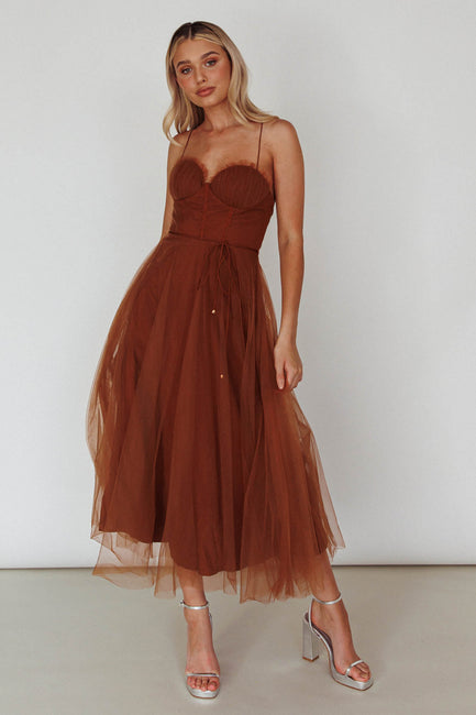 Pleated Sweetheart Neck Lace Ruffles Chiffon Dress Chocolate main image 1
