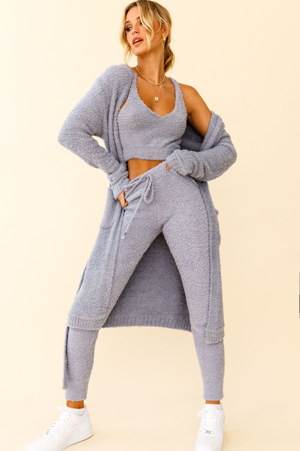 My Girl Fuzzy Knit Longline Pocket Cardigan Steel Blue by Selfie Leslie