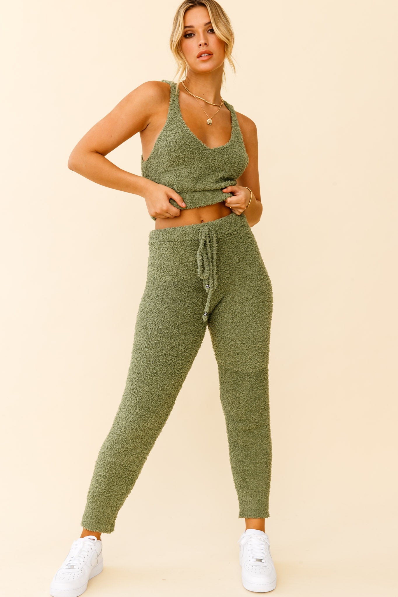 My Girl Fuzzy Knit Jogger Pants Sage by Selfie Leslie