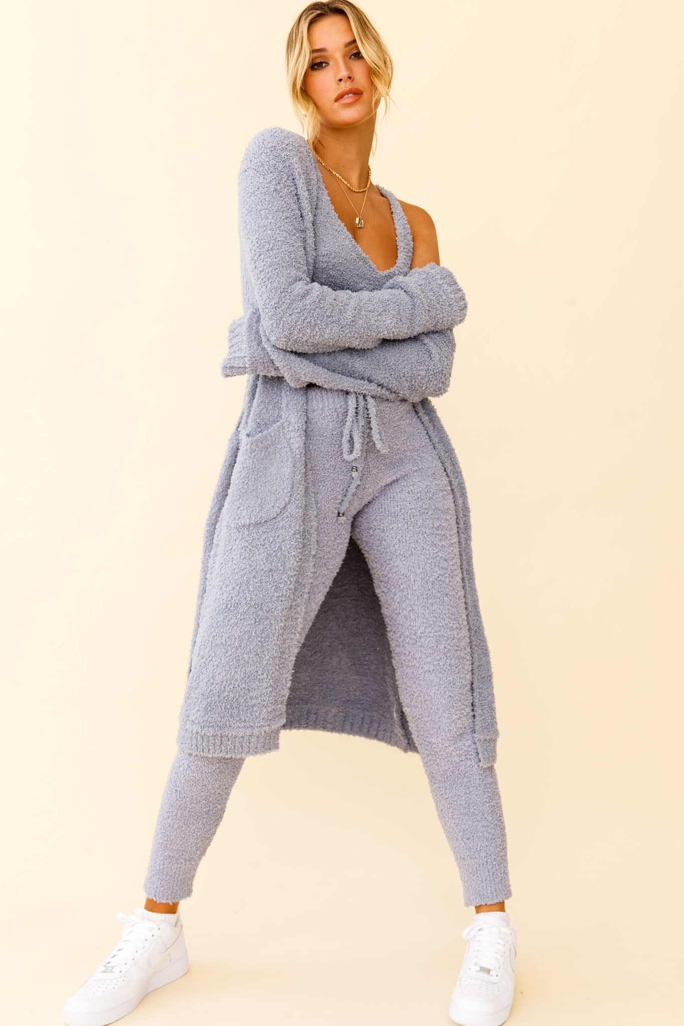 My Girl Fuzzy Knit Jogger Pants Steel Blue by Selfie Leslie