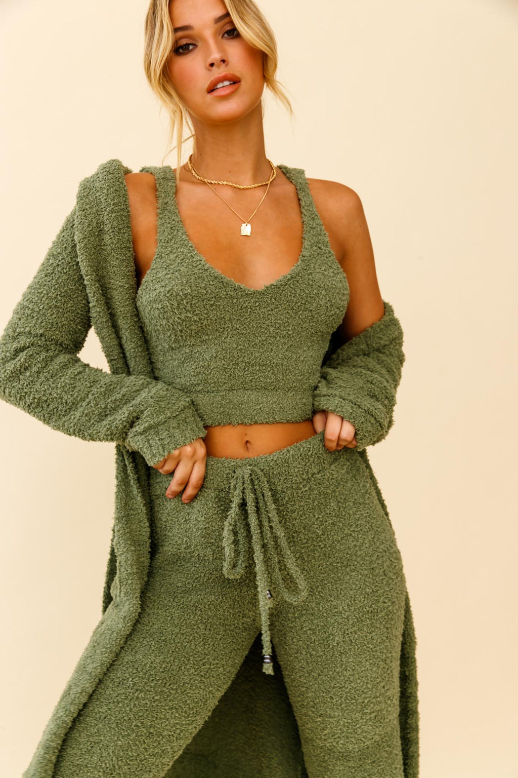 My Girl Fuzzy Knit Thick Strap Crop Top Sage by Selfie Leslie