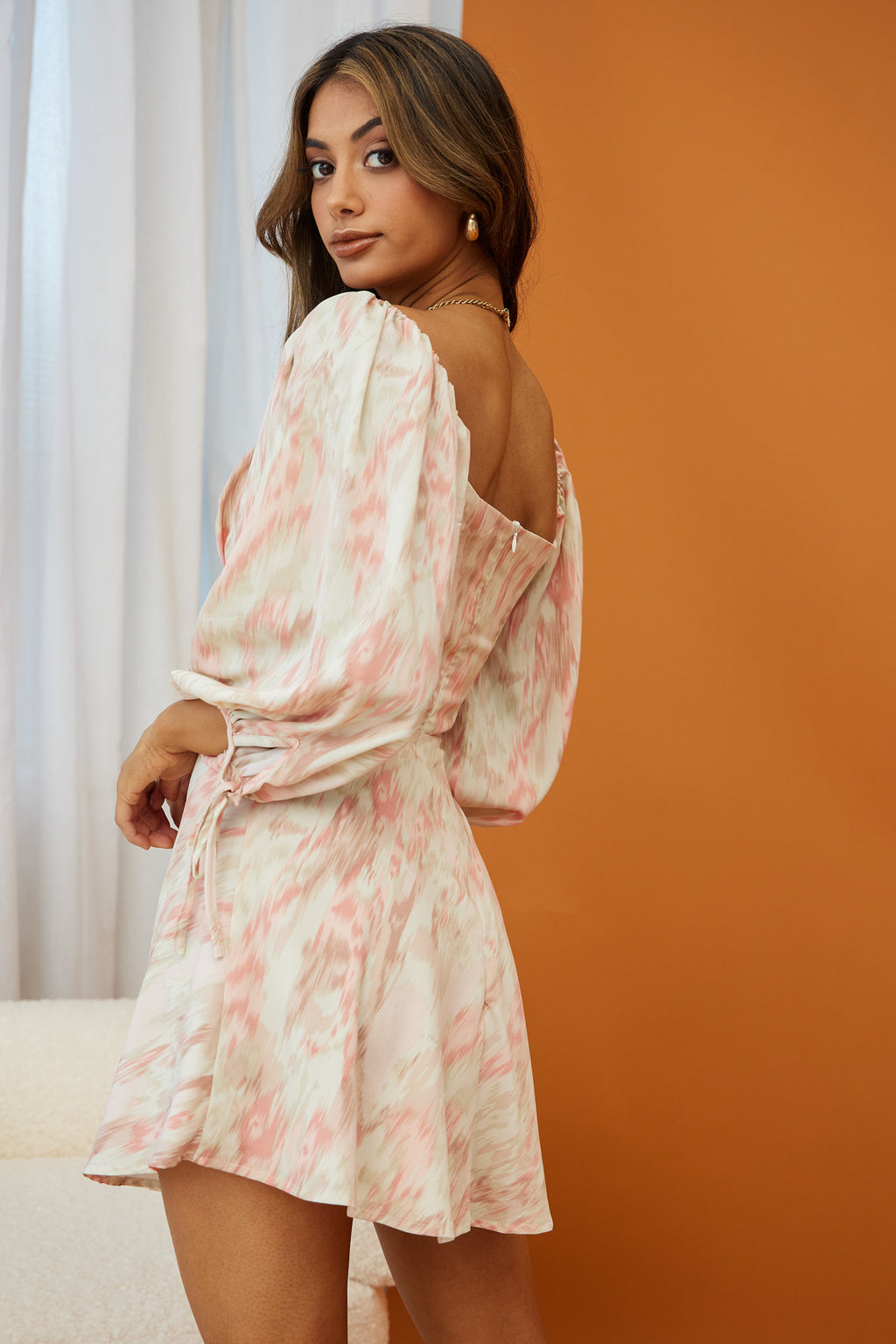 Madeleina Cut-Out Bodice Balloon Sleeve Dress Marble Print Pink by Selfie Leslie