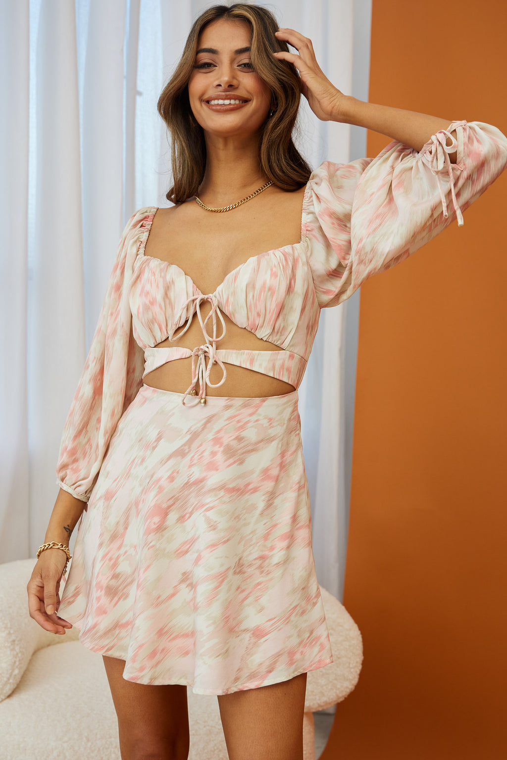 Madeleina Cut-Out Bodice Balloon Sleeve Dress Marble Print Pink by Selfie Leslie