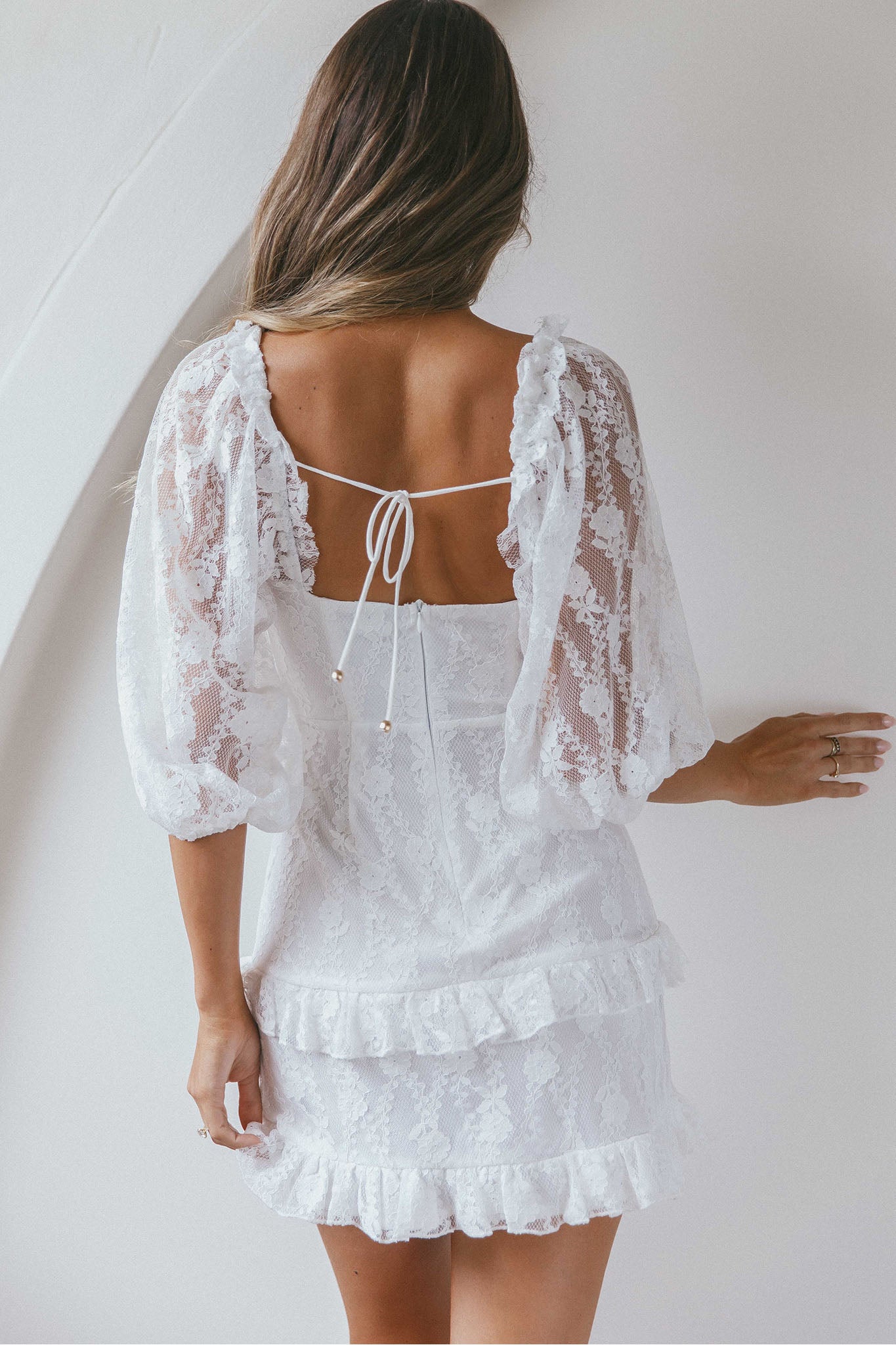 Hemingway Criss-Cross Bust Balloon Sleeve Frill Trim Lace Dress White | Selfie Leslie Hemingway Criss-Cross Bust Balloon Sleeve Frill Trim Lace Dress White | Selfie Leslie