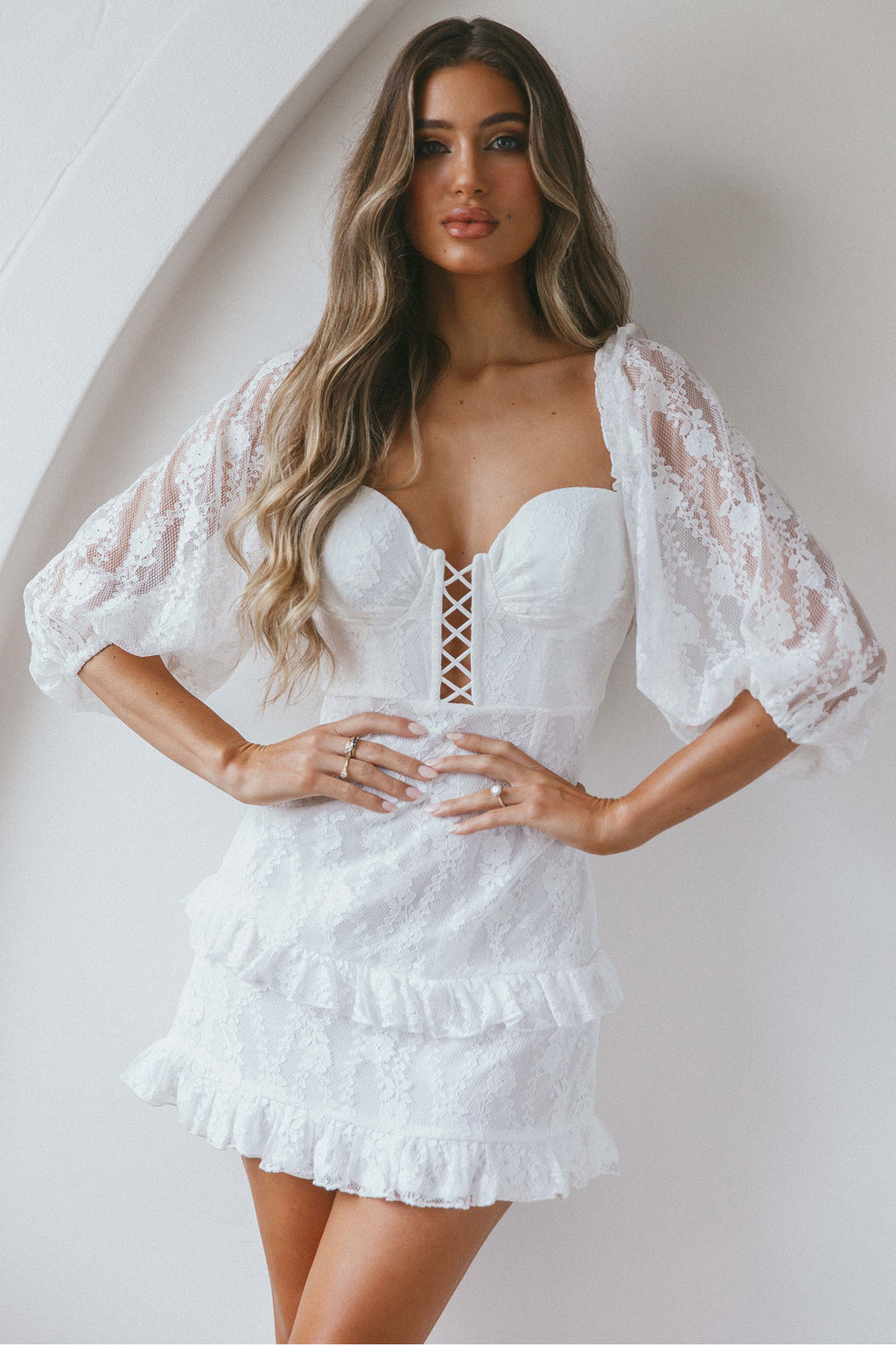 Hemingway Criss-Cross Bust Balloon Sleeve Frill Trim Lace Dress White by Selfie Leslie