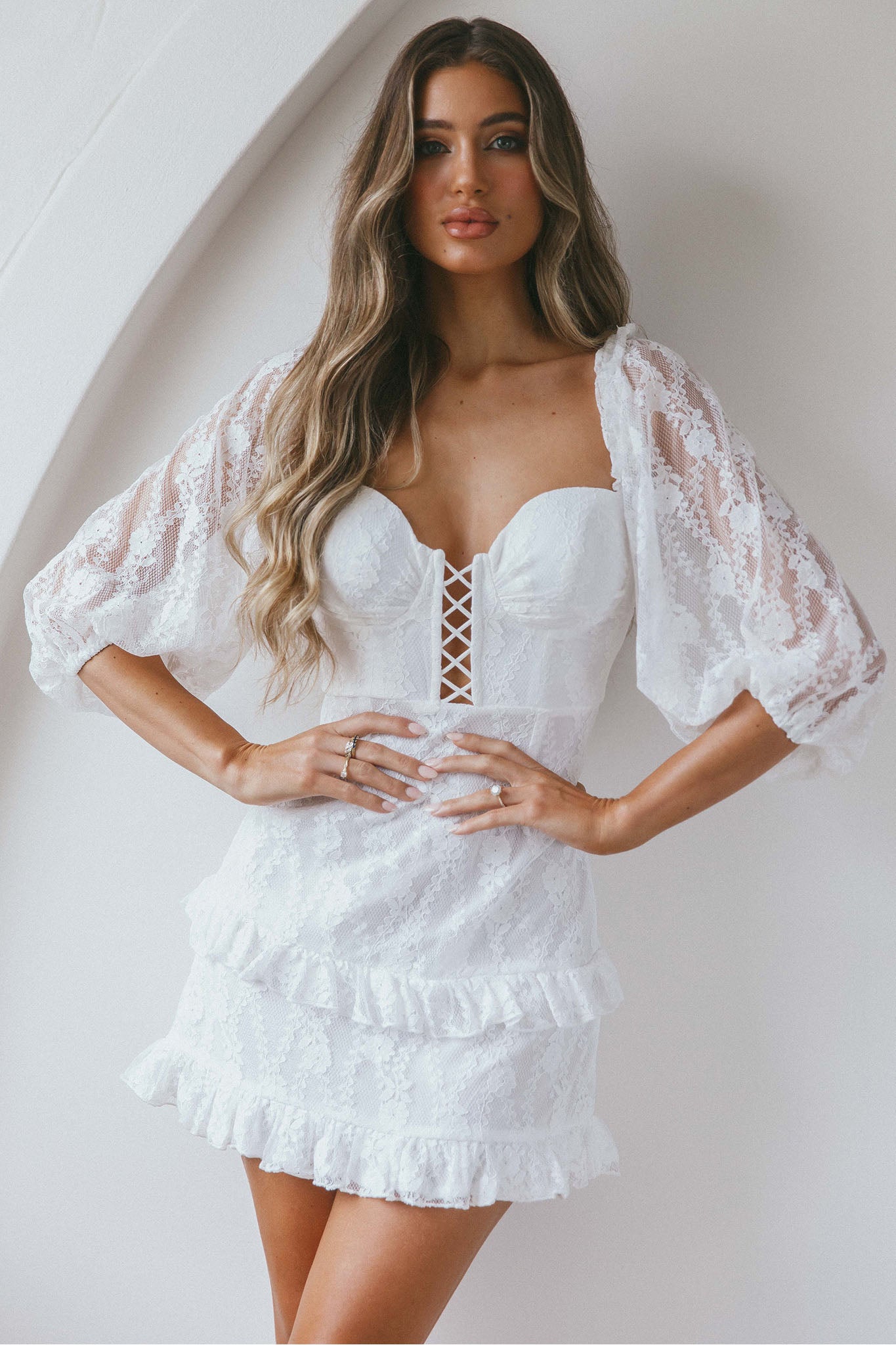 Hemingway Criss-Cross Bust Balloon Sleeve Frill Trim Lace Dress White by Selfie Leslie