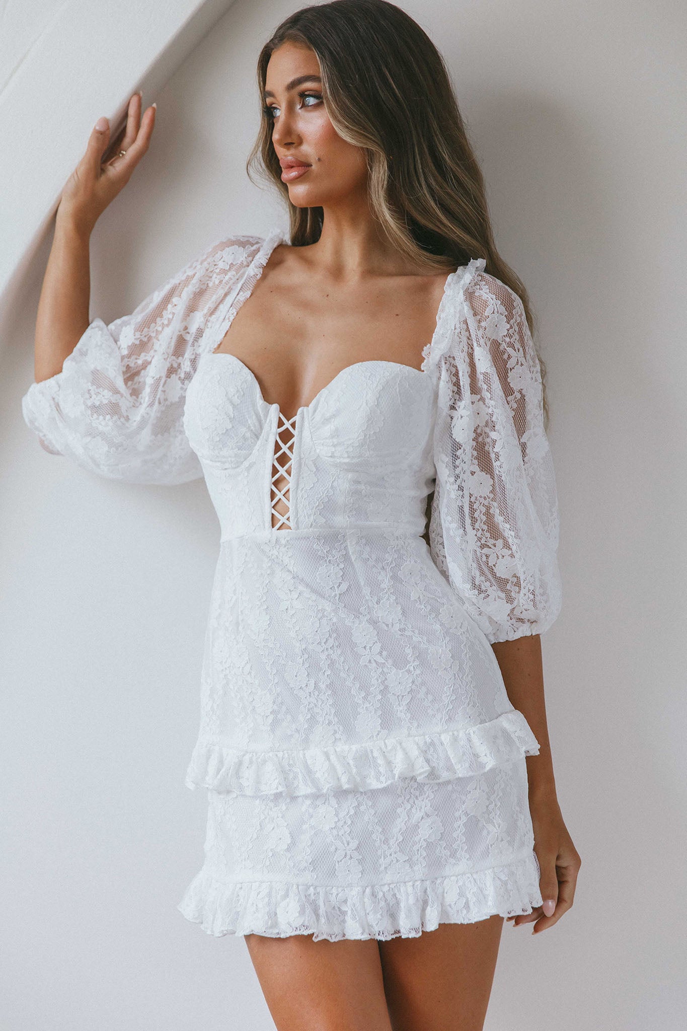 Hemingway Criss-Cross Bust Balloon Sleeve Frill Trim Lace Dress White by Selfie Leslie