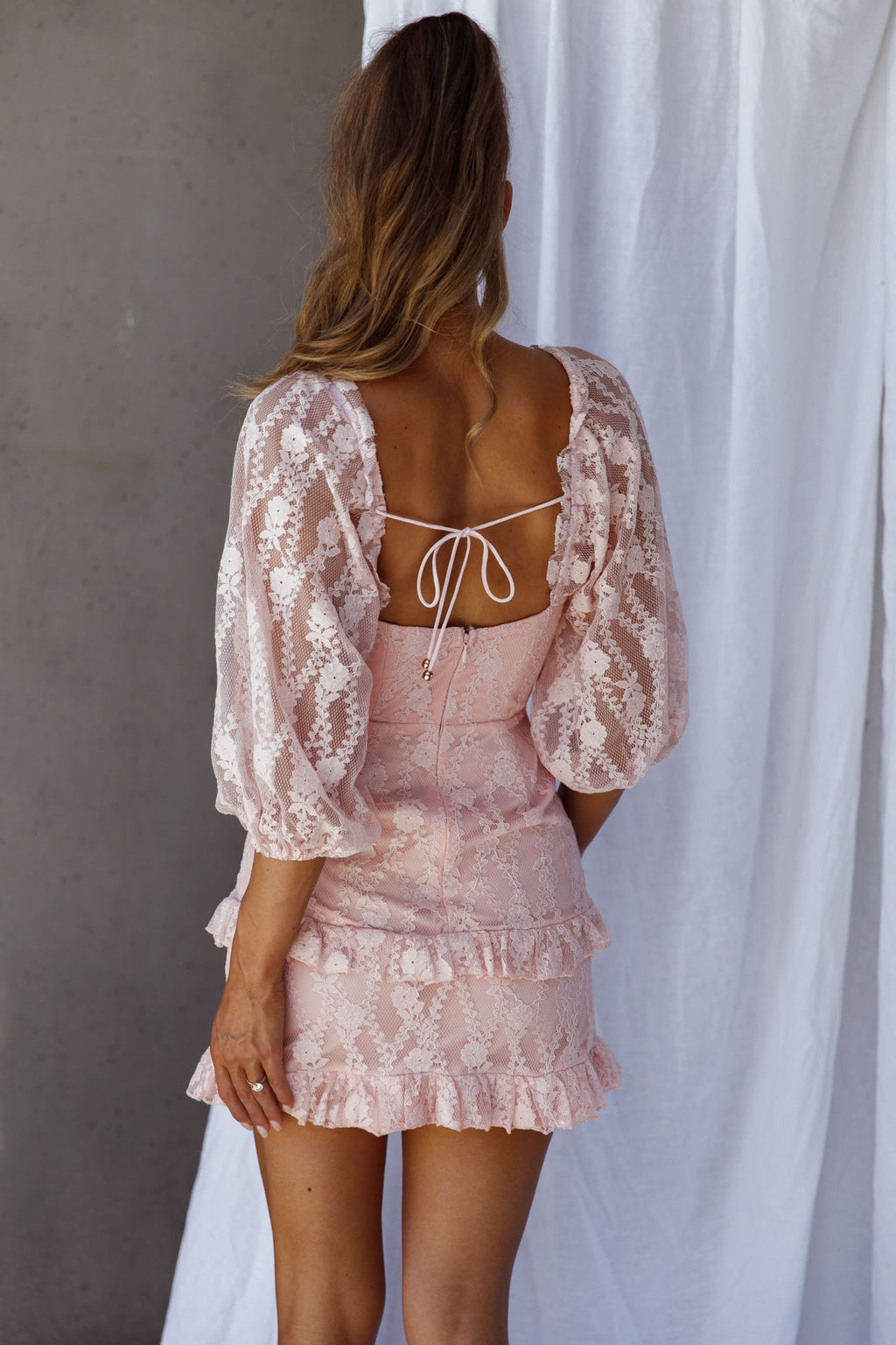 Hemingway Criss-Cross Bust Balloon Sleeve Frill Trim Lace Dress Blush by Selfie Leslie