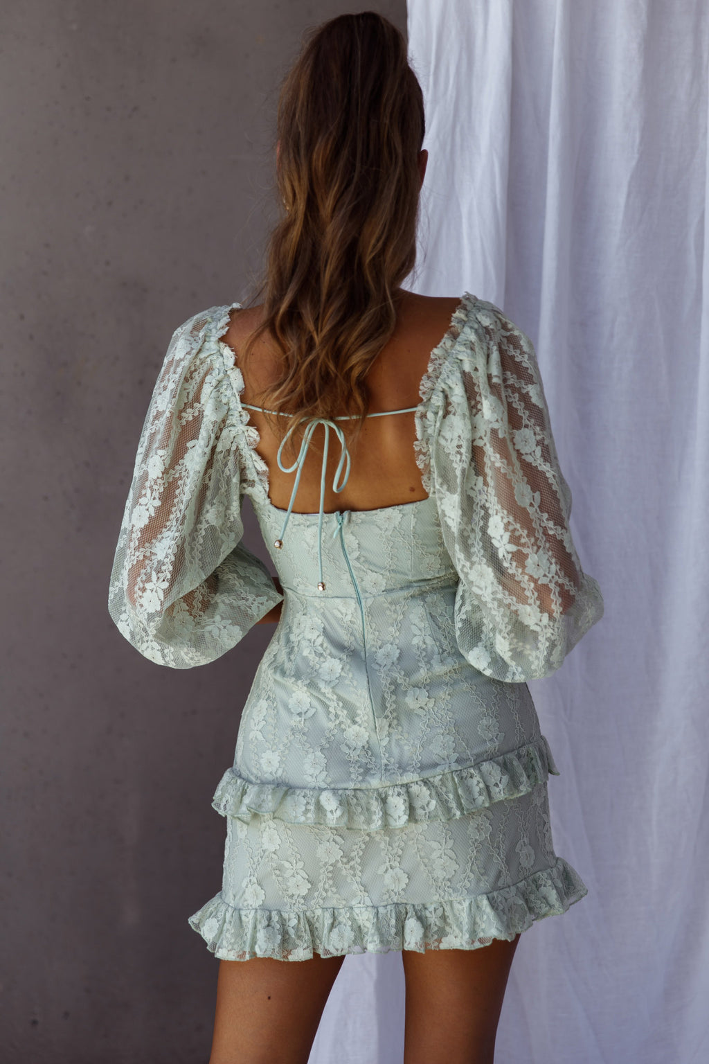 Hemingway Criss-Cross Bust Balloon Sleeve Frill Trim Lace Dress Sage by Selfie Leslie