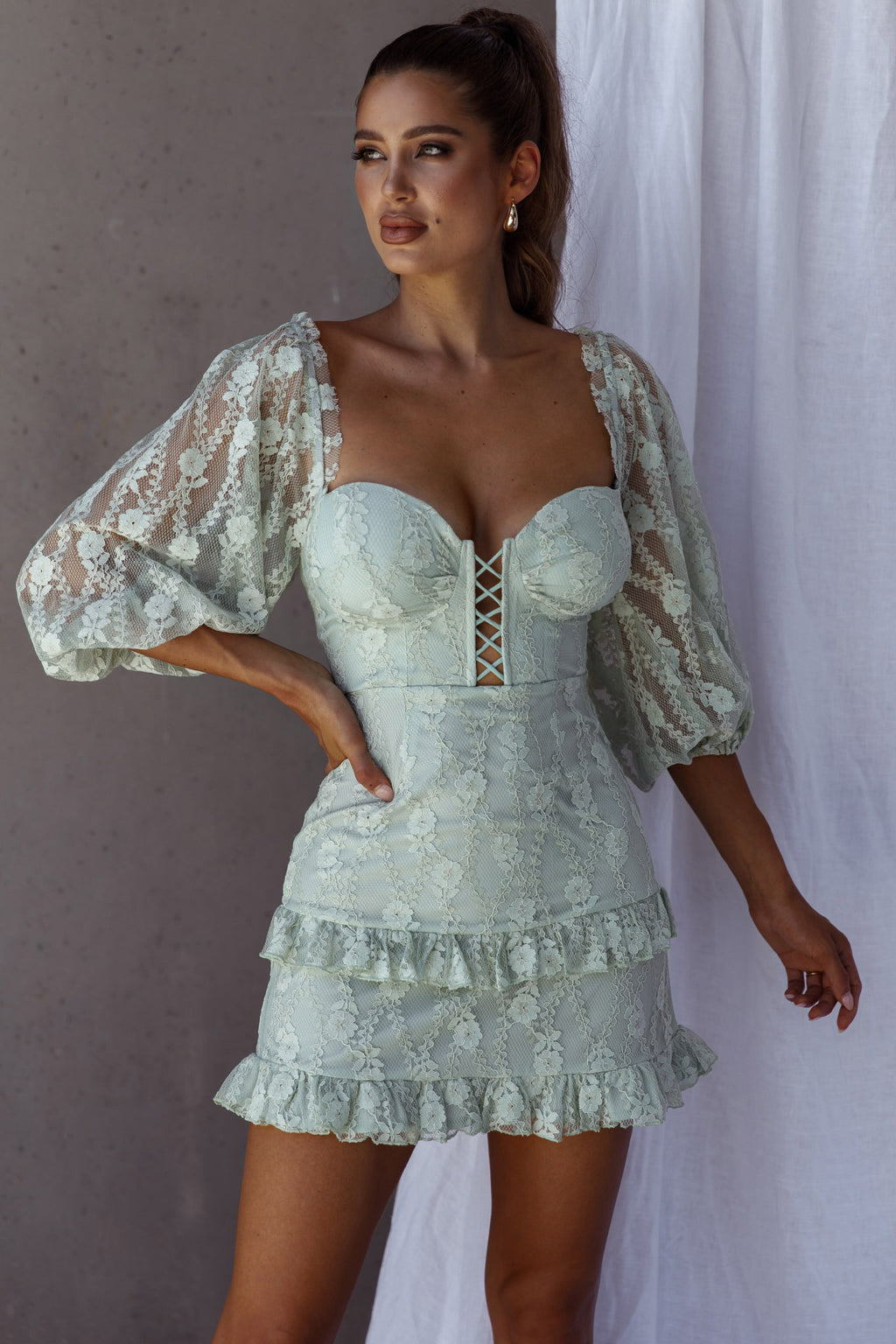 Hemingway Criss-Cross Bust Balloon Sleeve Frill Trim Lace Dress Sage by Selfie Leslie