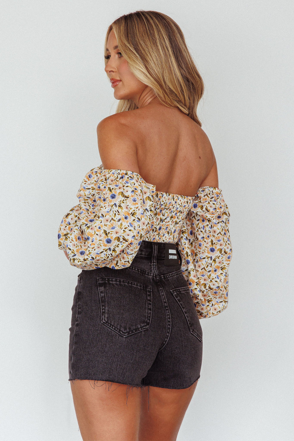 Maureen Off-Shoulder Shirred Crop Top Orange Multi by Selfie Leslie
