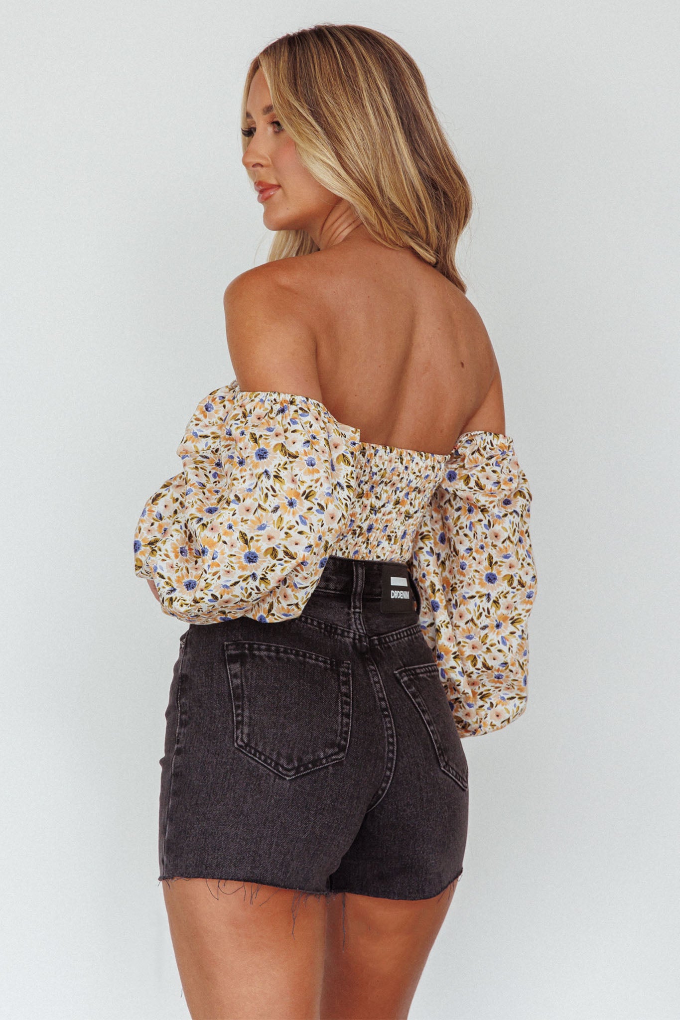 Maureen Off-Shoulder Shirred Crop Top Orange Multi by Selfie Leslie