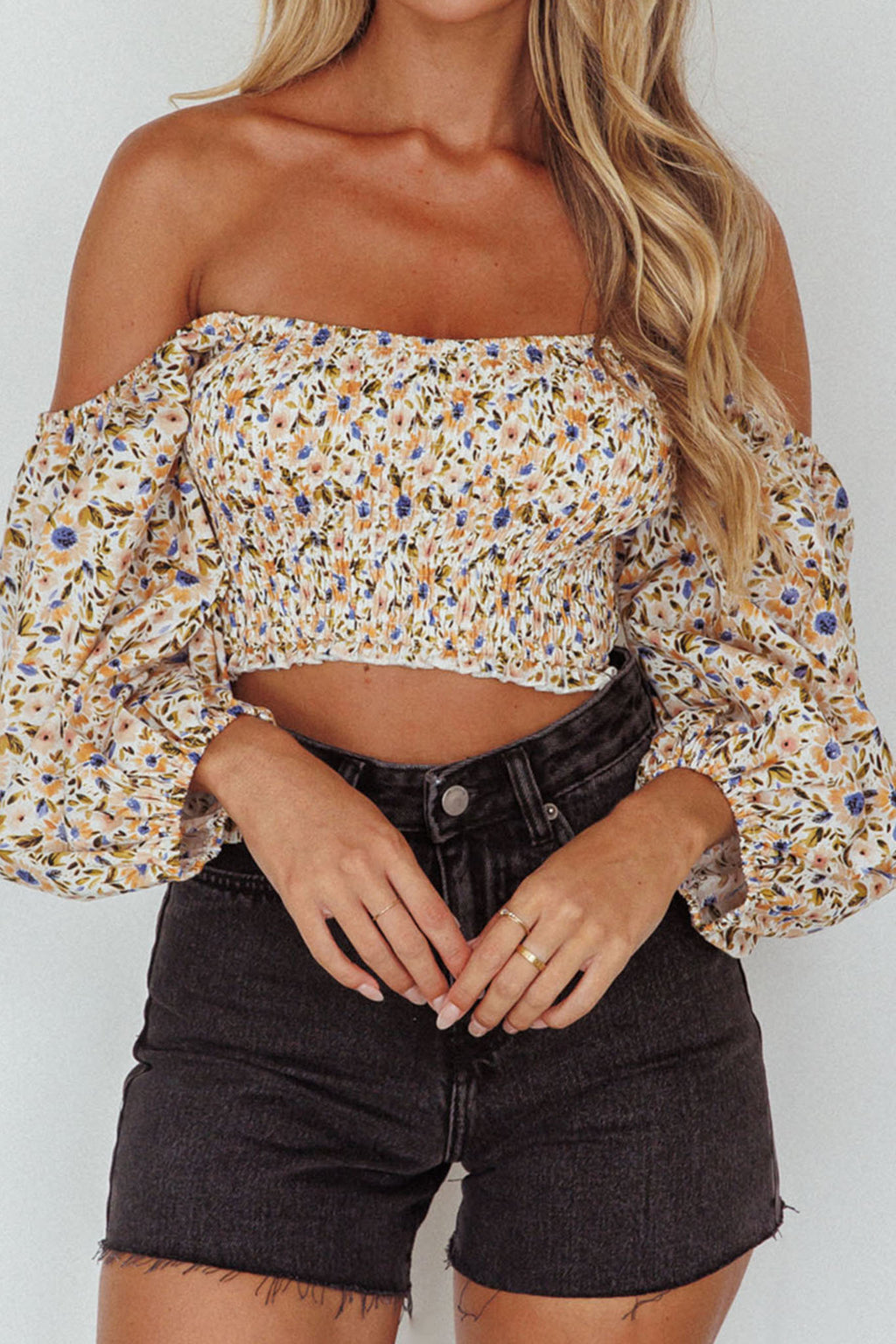 Maureen Off-Shoulder Shirred Crop Top Orange Multi by Selfie Leslie